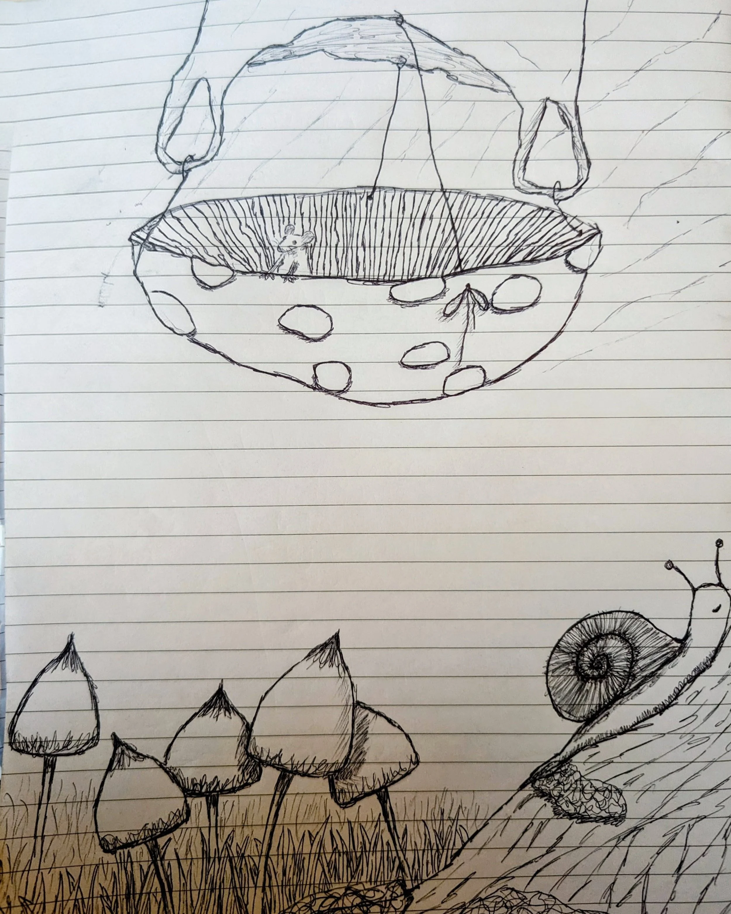 A hand-drawn illustration on lined paper depicting a snail on a tree root, mushrooms, and a mouse in a 'hot air balloon' made of a mushroom and carrier bag - by Bronwyn Putman at Forgotten Loves
