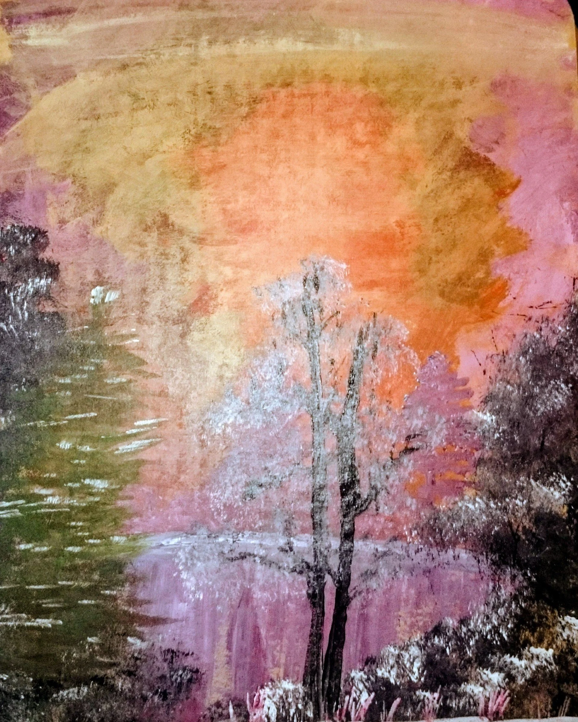 An impressionistic painting of a tree with a colorful sky background in shades of pink, orange, purple, and gold - by Bronwyn Putman at Forgotten Loves