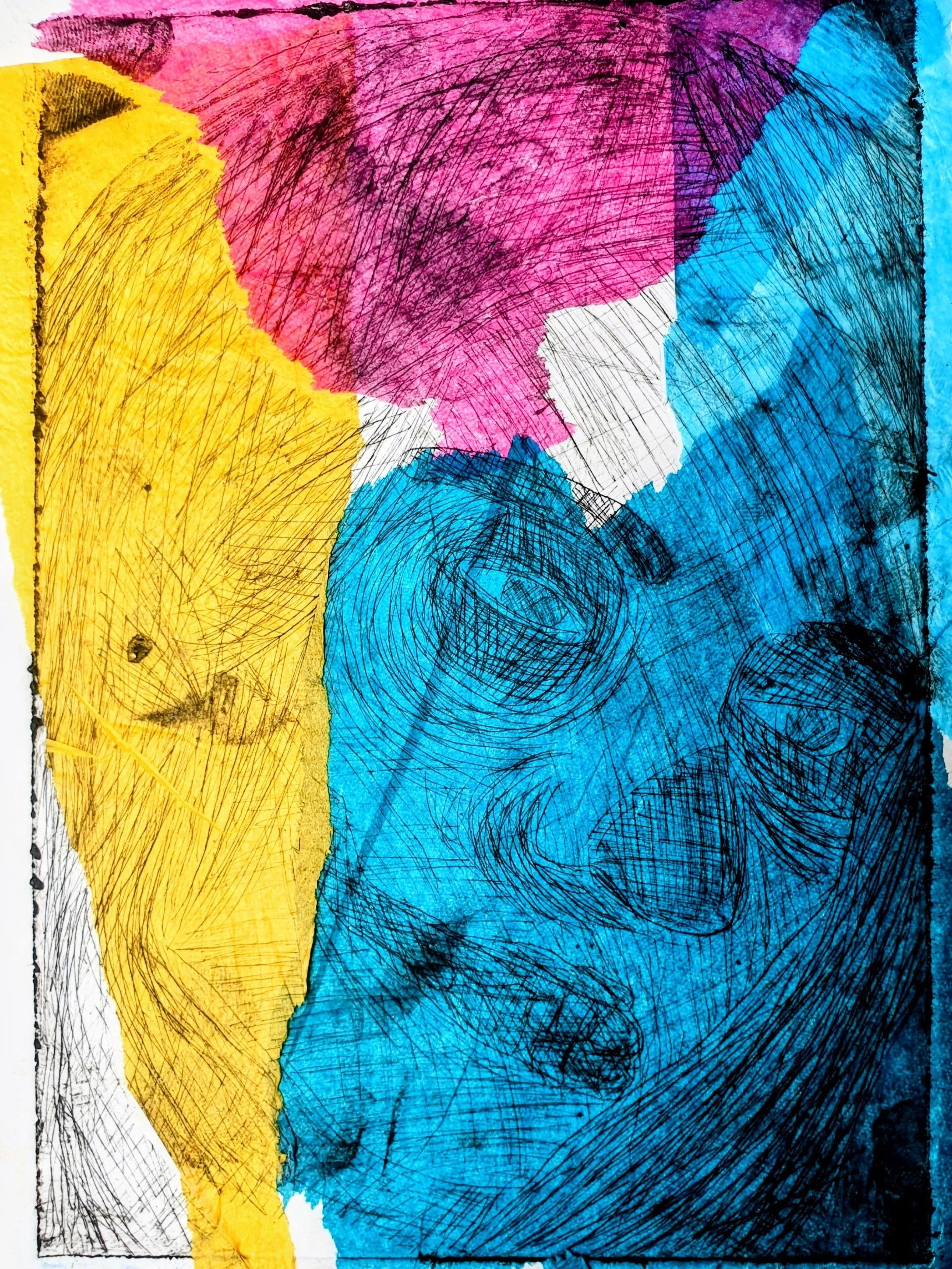 Abstract artwork of overlapped torn paper in yellow, pink, white, and blue colors with black lines created using etching - by Bronwyn Putman at Forgotten Loves