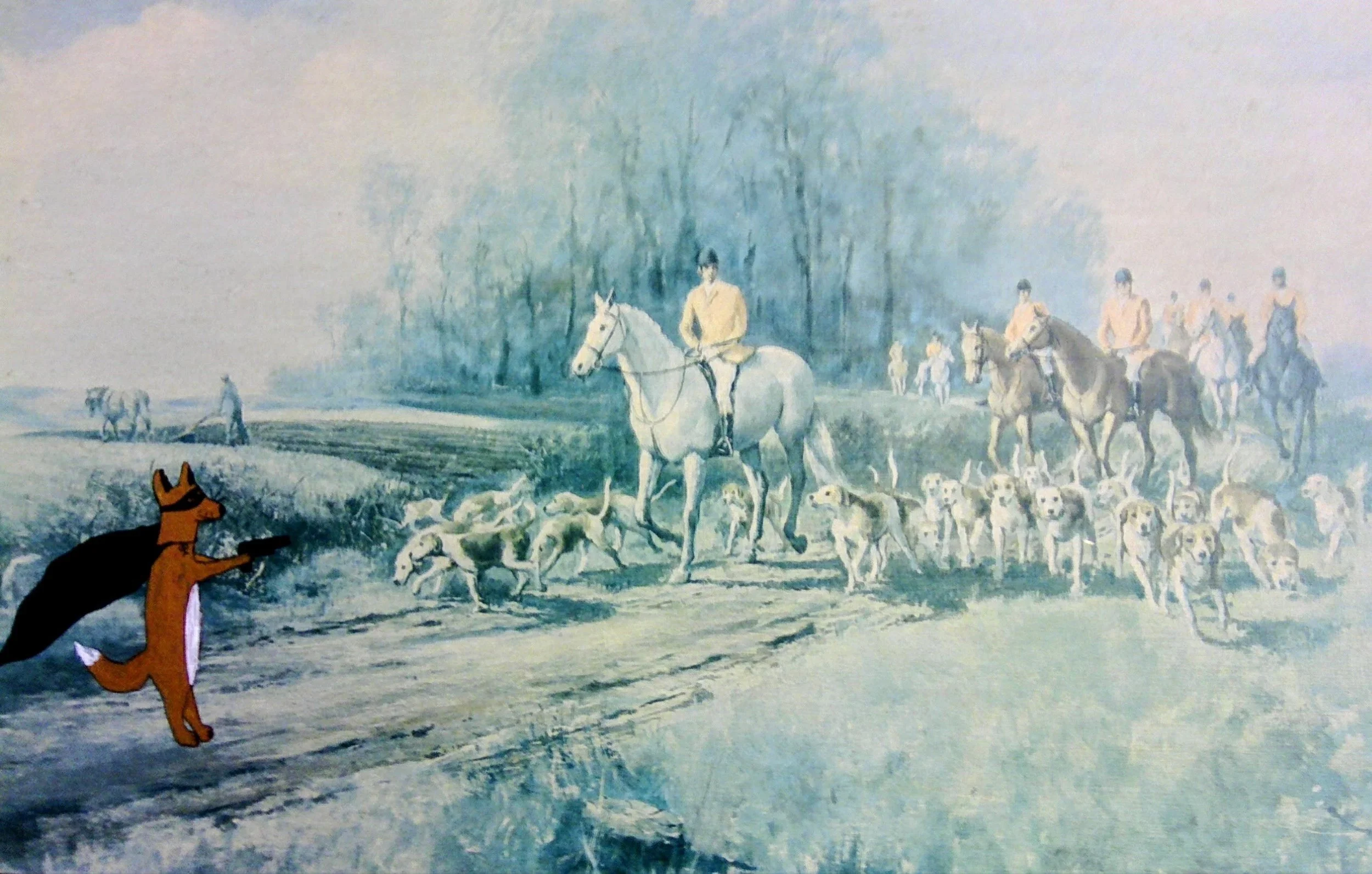 An upcycled hunting image, featuring a Highwayman fox, stopping the hunt from going any further - by Bronwyn Putman at Forgotten Loves