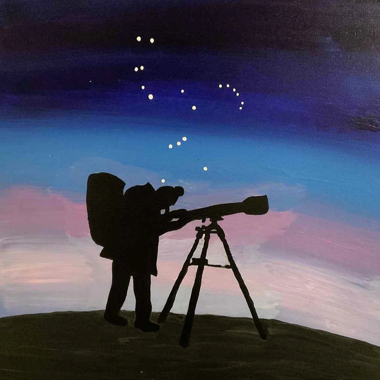 Silhouette of a person using a telescope on a hilltop against a painted sky with stars and the outline of the constellation Orion - by Bronwyn Putman at Forgotten Loves