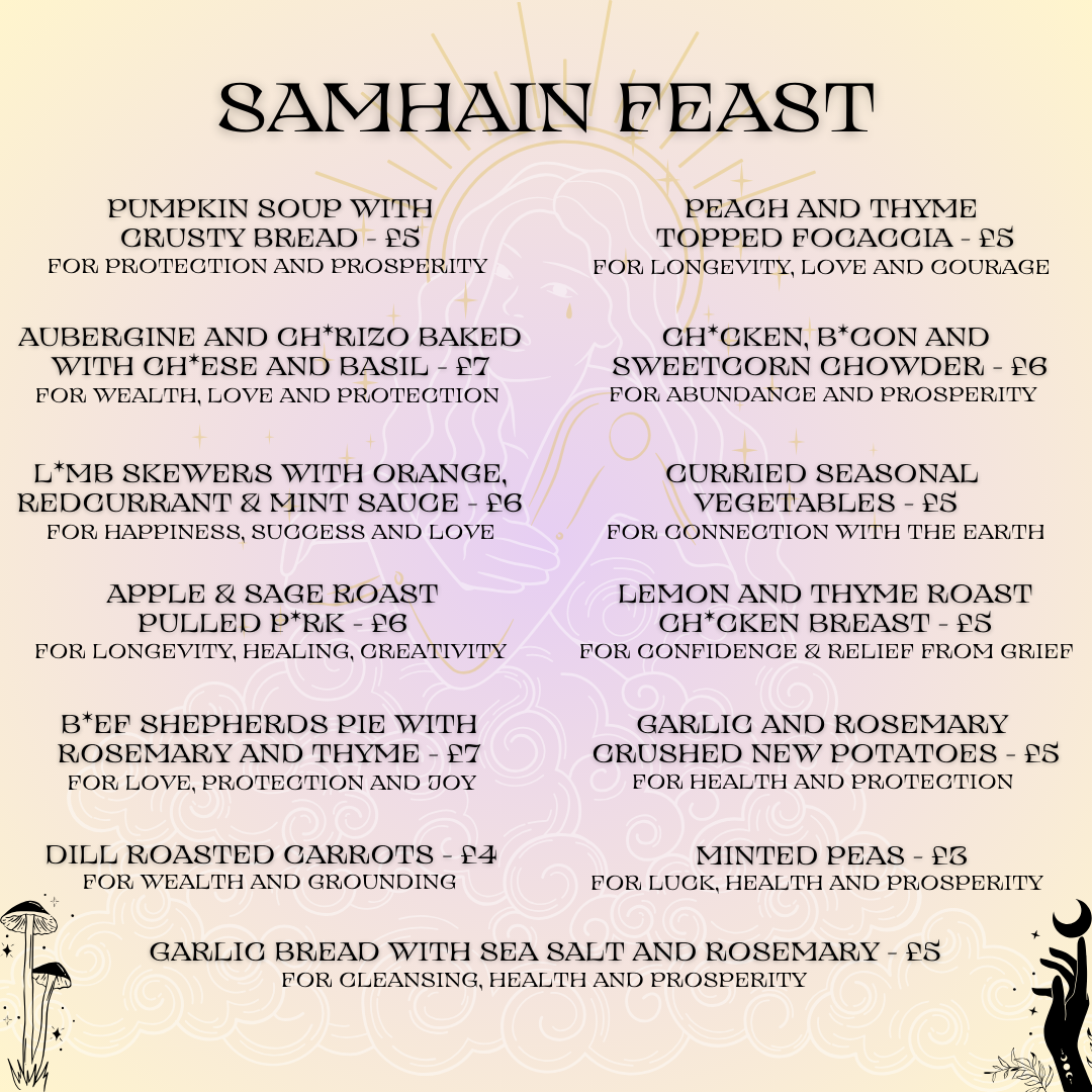 Menu titled 'Samhain Feast' listing various dishes with descriptions and prices. The menu has mystical-themed decorative elements. Created using Canva, for The Queen Inn.