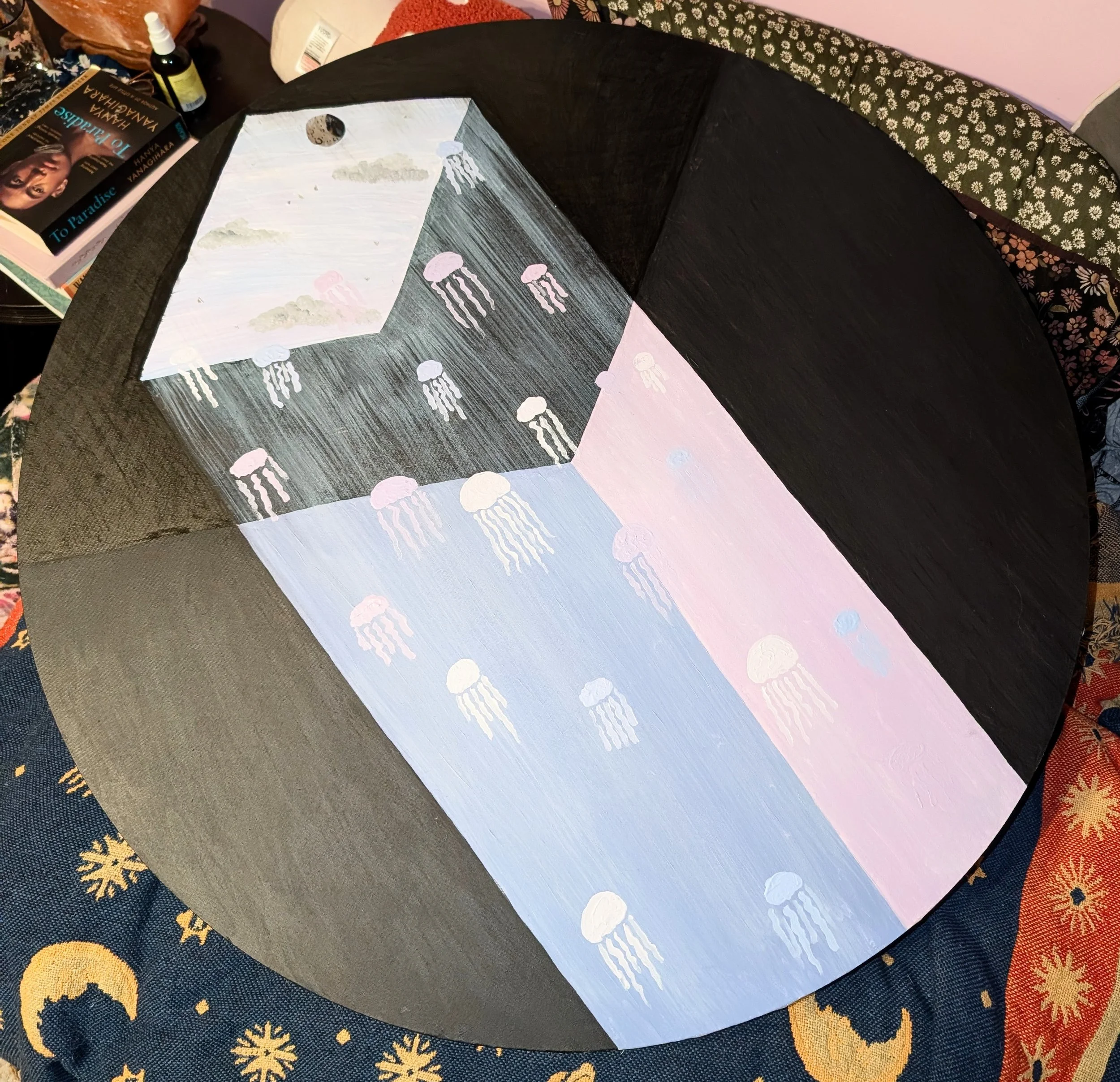 A canvas depicting moonlight coming through a window, with jellyfish swimming through the light - by Bronwyn Putman at Forgotten Loves