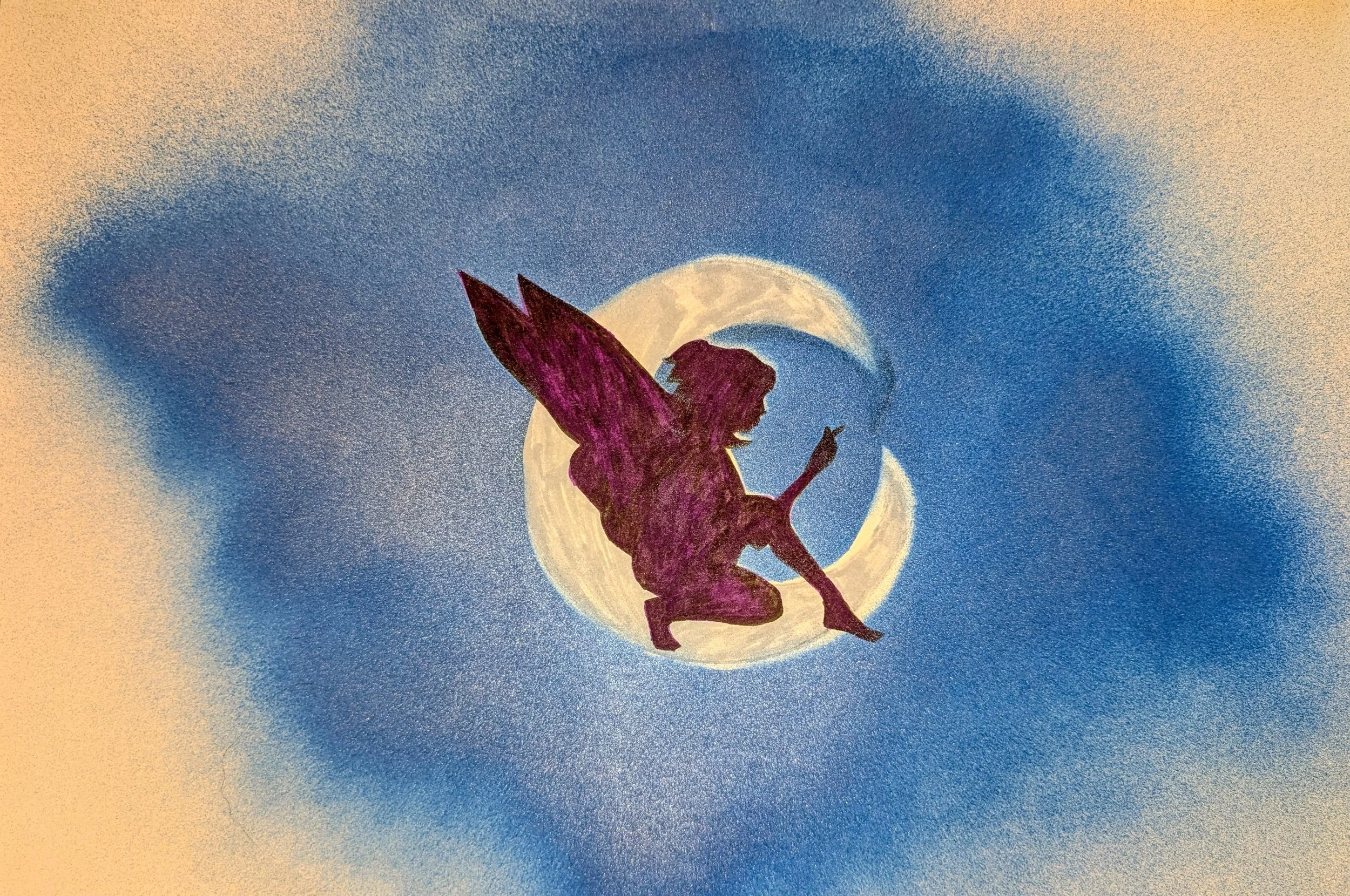 Silhouette of a fairy with wings sitting on the moon against starry night sky with a spray painted background - by Bronwyn Putman at Forgotten Loves