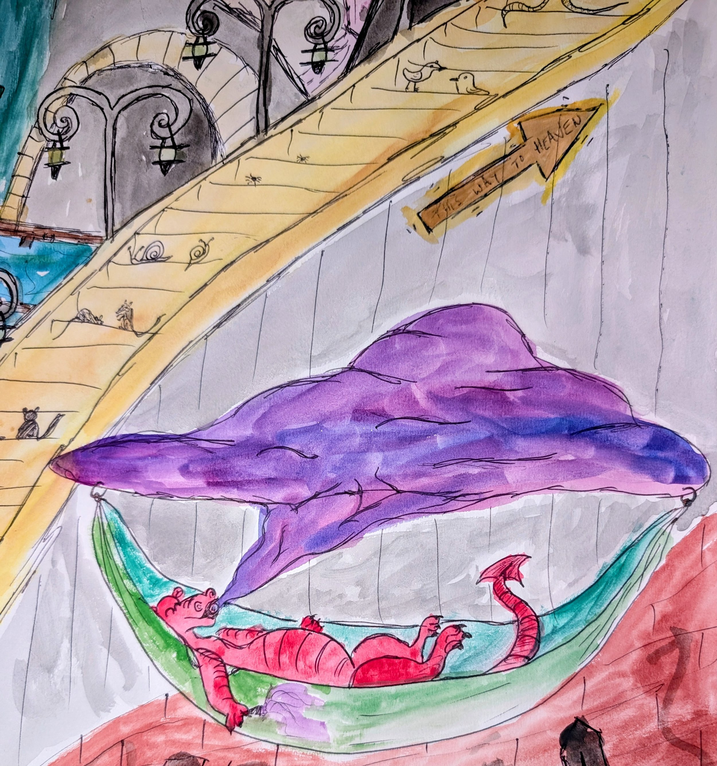 A whimsical, colorful illustration featuring a red dragon lying in a hammock under a purple cloud, next to the animals' stairway to heaven - by Bronwyn Putman at Forgotten Loves
