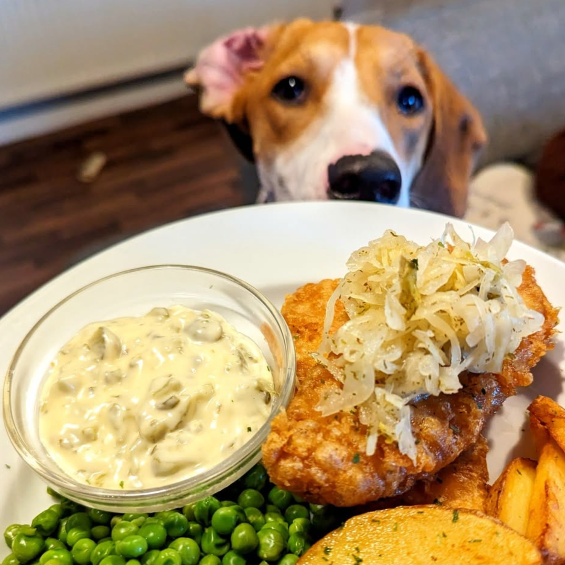 Social media post for The Crafty Pickle Co. featuring 'Fish and Chips' from The Queen Inn, topped with Dill Pickle Kraut