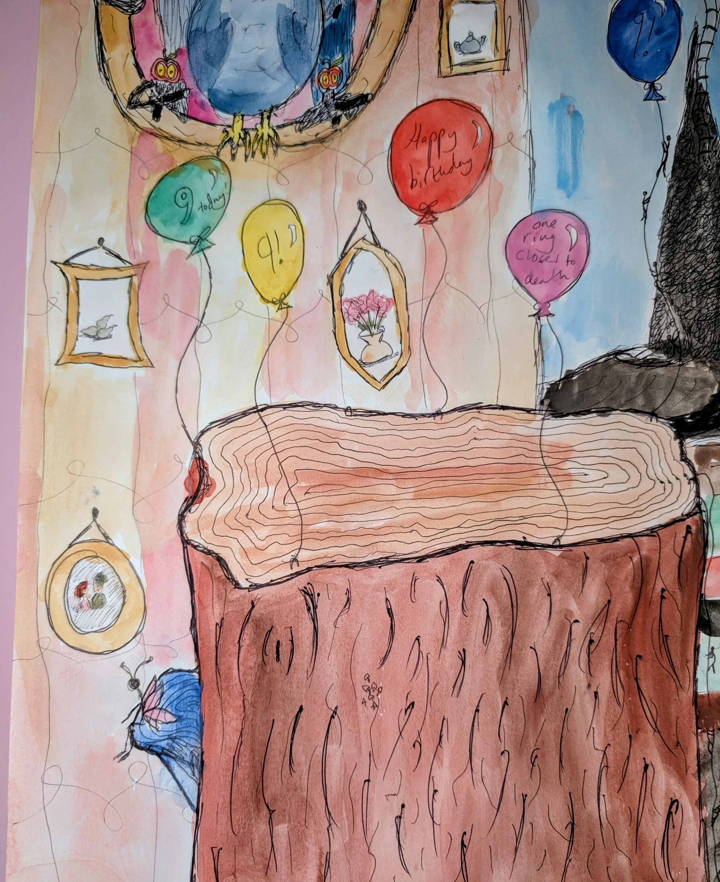 Colorful abstract watercolor illustration of a cozy room decorated for a birthday celebration, featuring balloons with handwritten messages, framed pictures, and treecenterpiece, and tiny stick figures - by Bronwyn Putman at Forgotten Loves