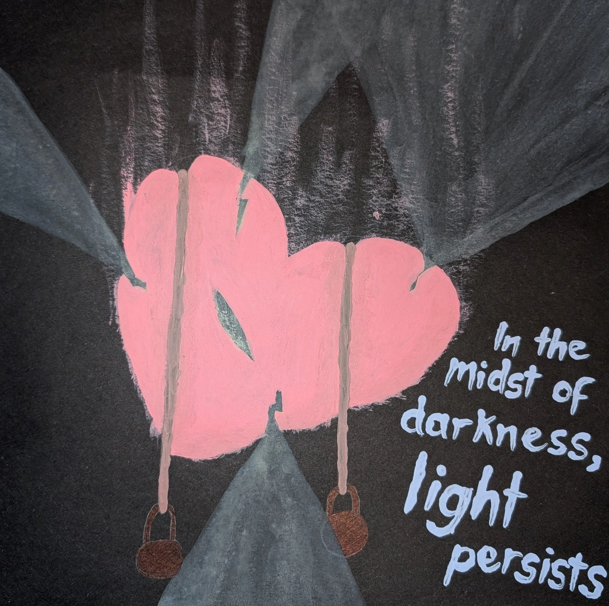 Painting of a heart being weighed down, with cracks allowing the light to expose itself, with lyrics alongside it - by Bronwyn Putman at Forgotten Loves