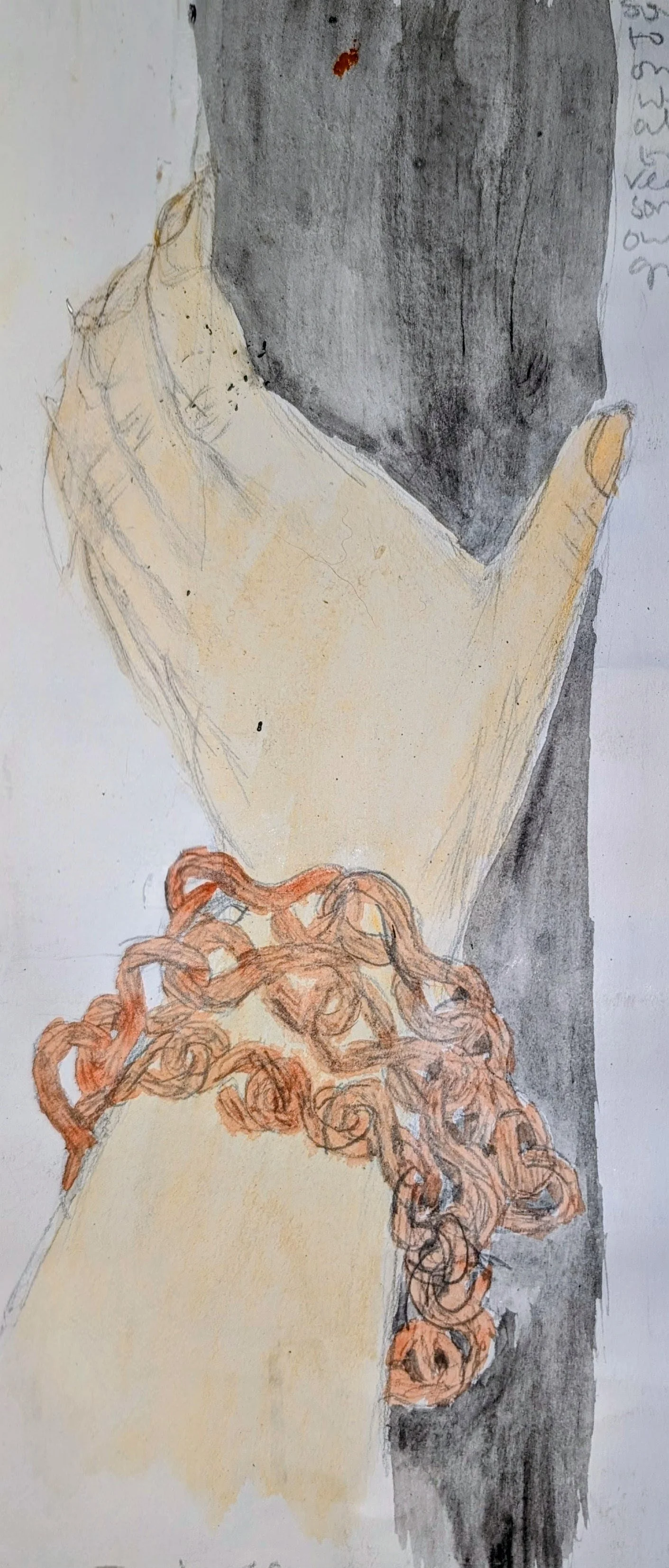 A watercolour image of a hand in chains holding a bar - by Bronwyn Putman at Forgotten Loves