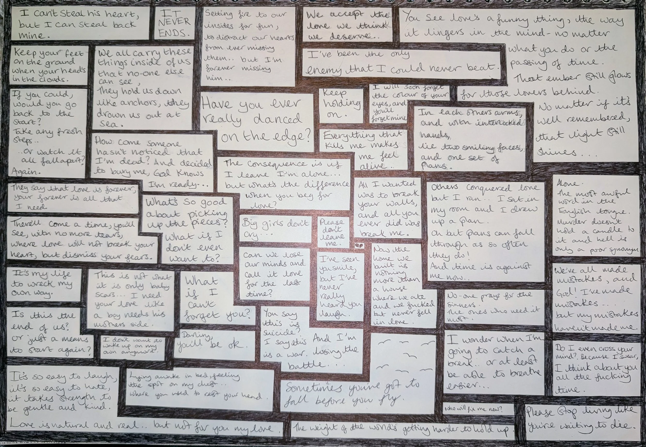 A collage of handwritten lyrics arranged randomly on a surface - by Bronwyn Putman at Forgotten Loves