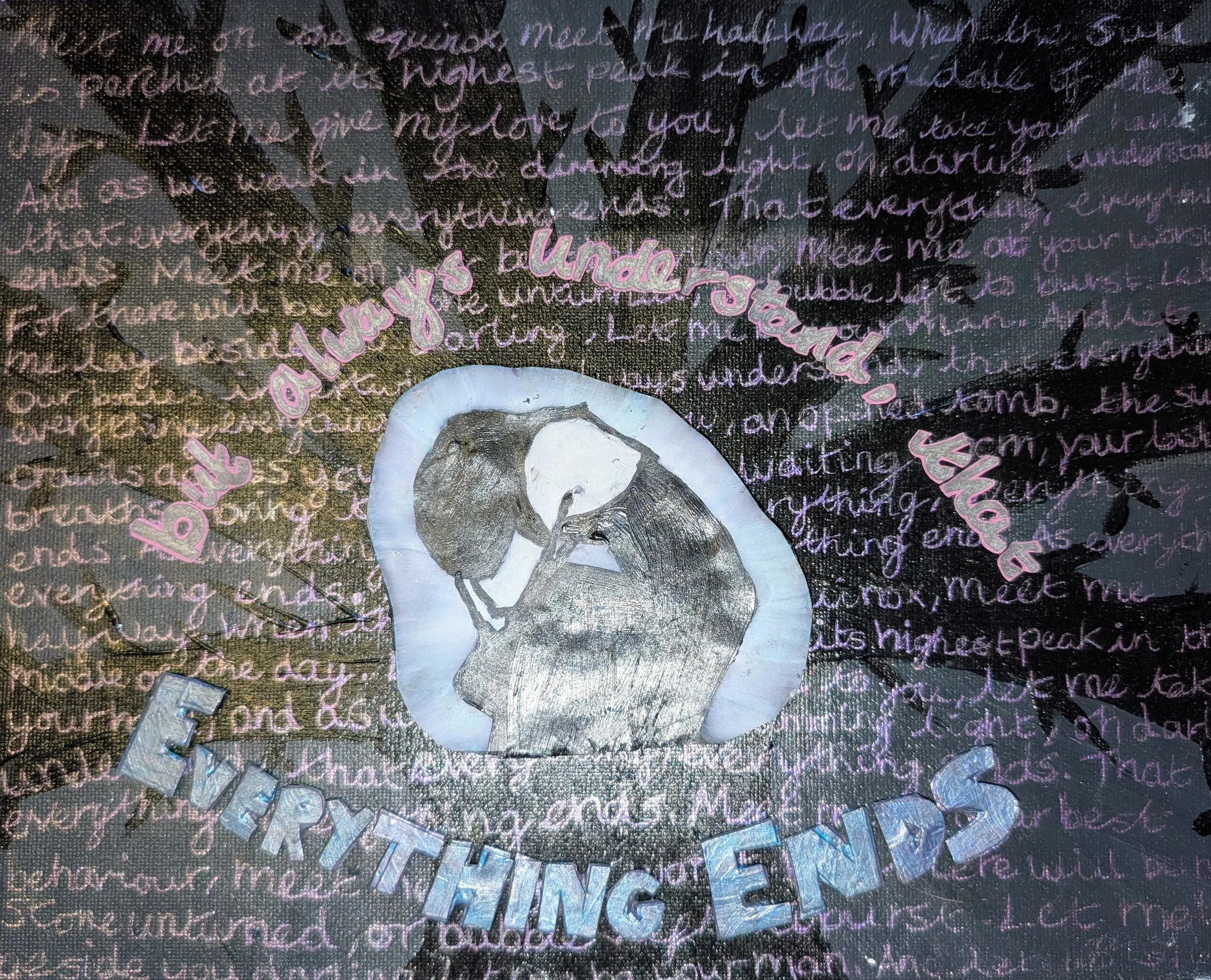 A 3D canvas featuring a crying woman and a dark tree in the background, with lyrics covering the canvas - by Bronwyn Putman at Forgotten Loves