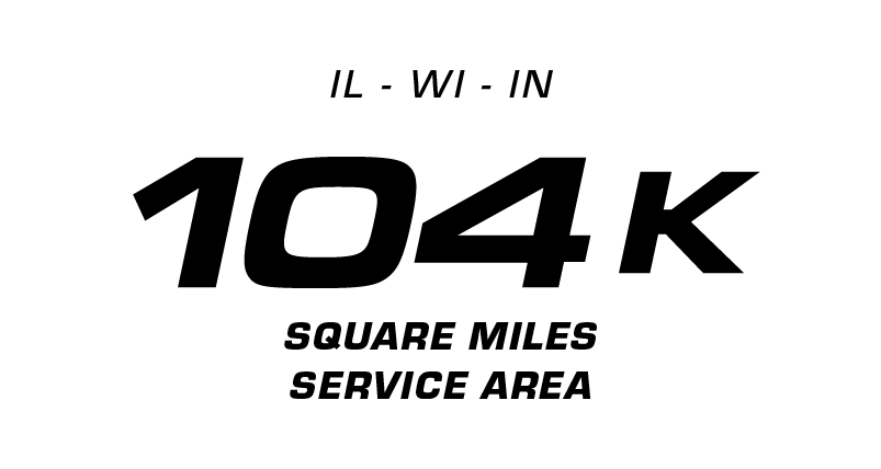 A black and white road sign indicating the 104K square miles service area in Illinois, Wisconsin, Indiana.