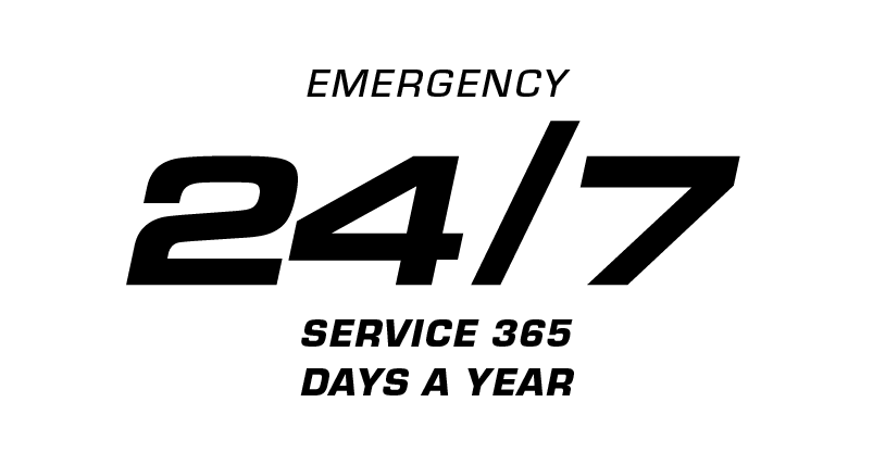A sign indicating 24/7 emergency service available 365 days a year.