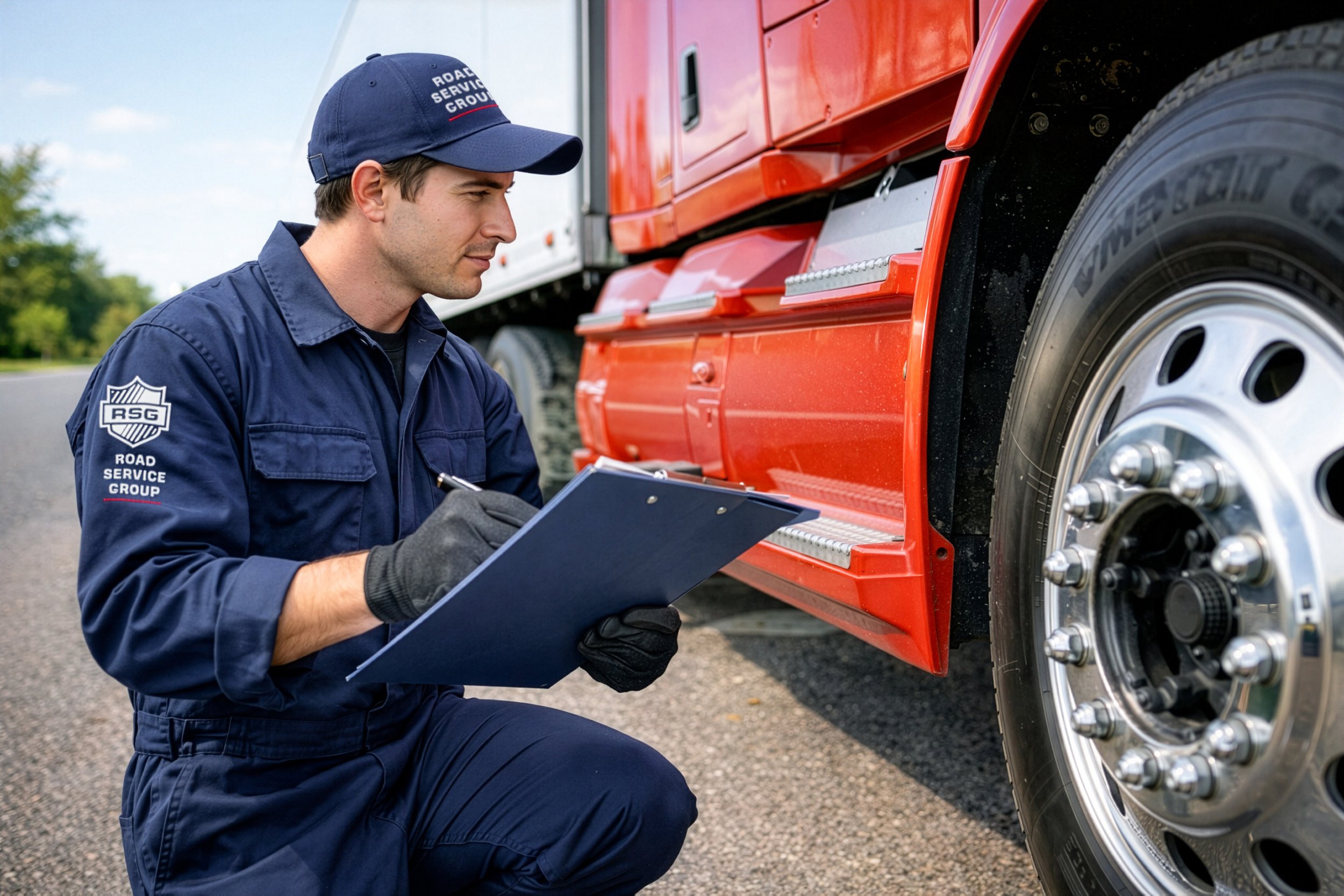A male road service worker in navy uniform kneels beside a large red truck, taking notes on a clipboard during the day.