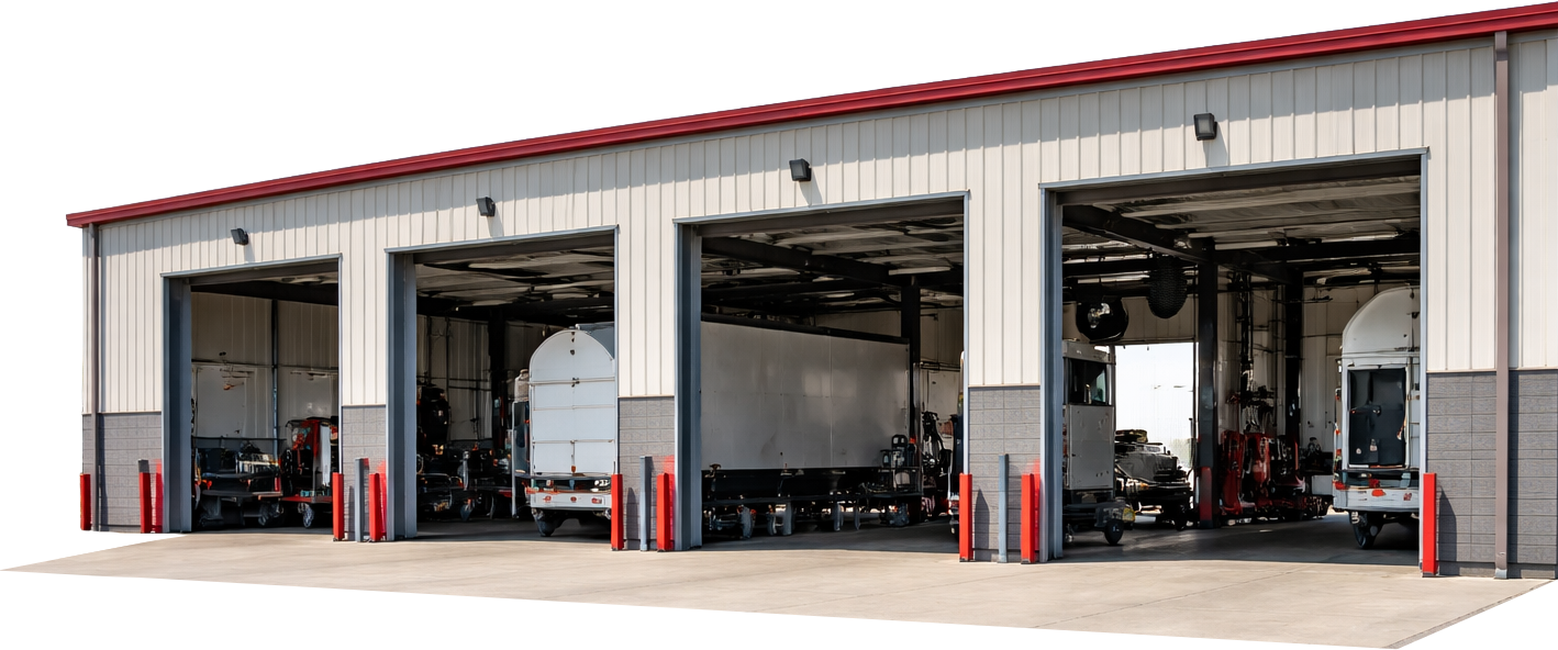 Large vehicle maintenance garage with three bays, housing golf carts and utility vehicles inside, with open doors and red safety bollards outside.