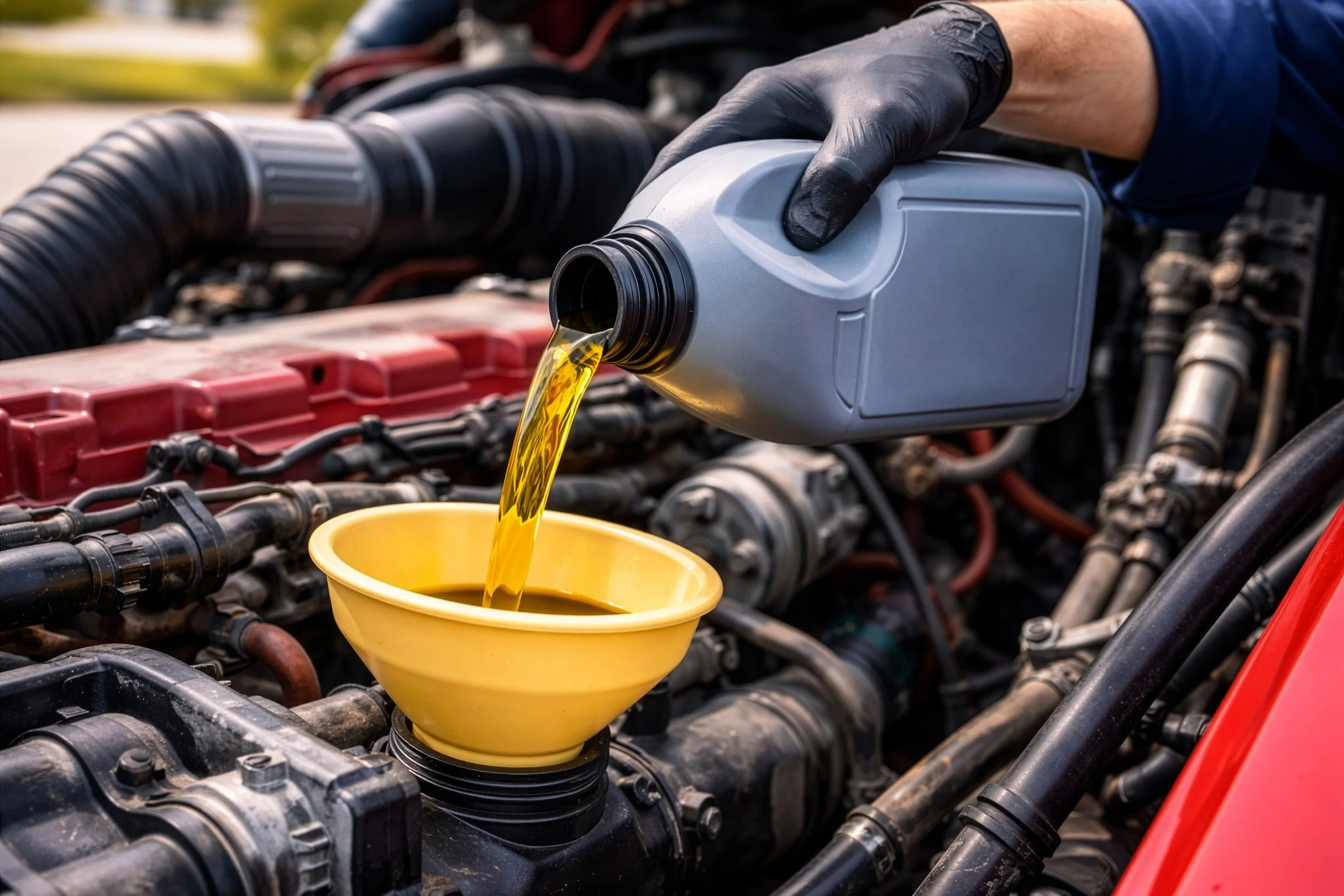 A person wearing gloves pouring engine oil from a gray bottle into a yellow funnel in the engine of a car.