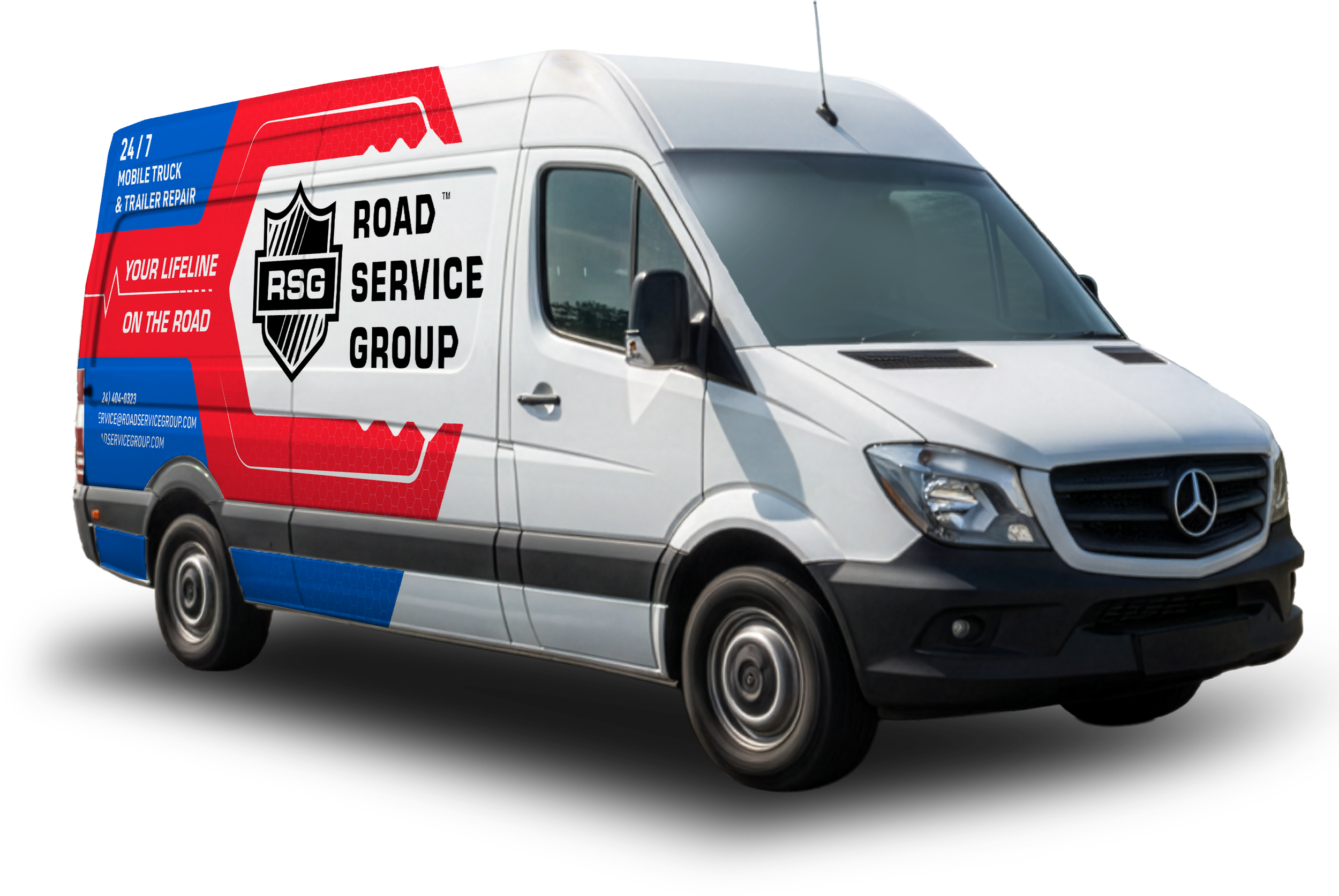 Mercedes-Benz service van for Road Service Group with red, white, and blue branding, black logo, and contact information.
