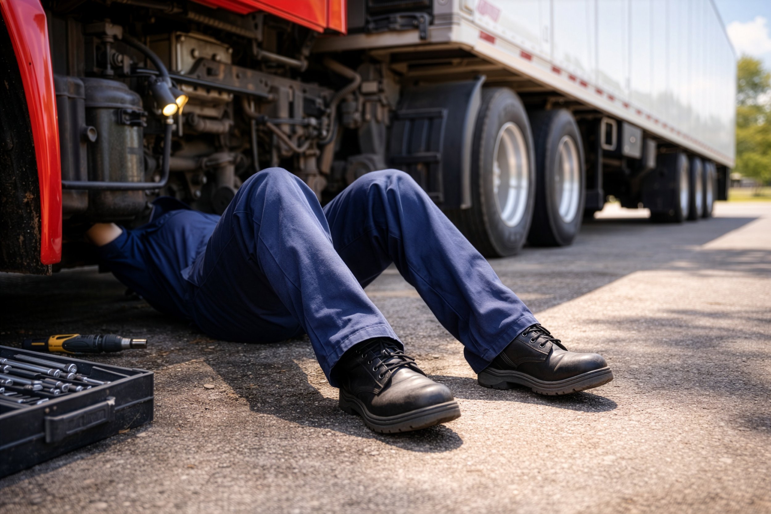 Mechanic working underneath a large semi-truck while lying on the ground, with tools and a toolbox nearby.