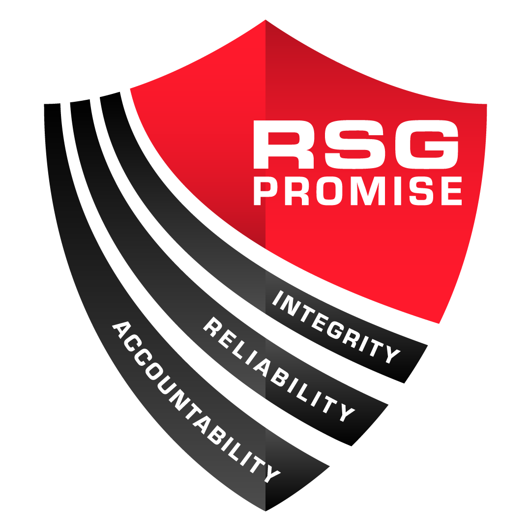 A shield-shaped logo with the text 'RSG Promise' and words 'Integrity,' 'Reliability,' and 'Accountability' on black and red sections.