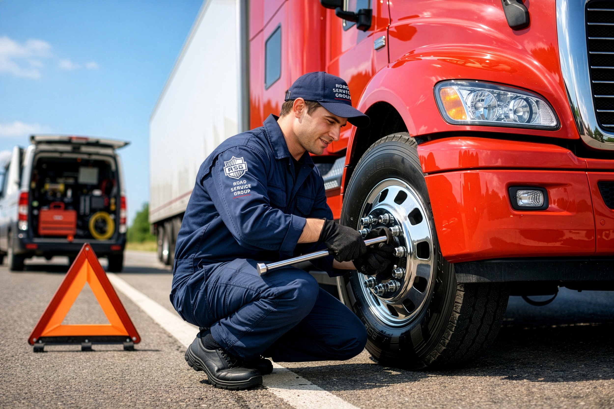 A roadside emergency worker in navy uniform changing a truck tire on a highway, with a warning triangle and roadside service van in the background.