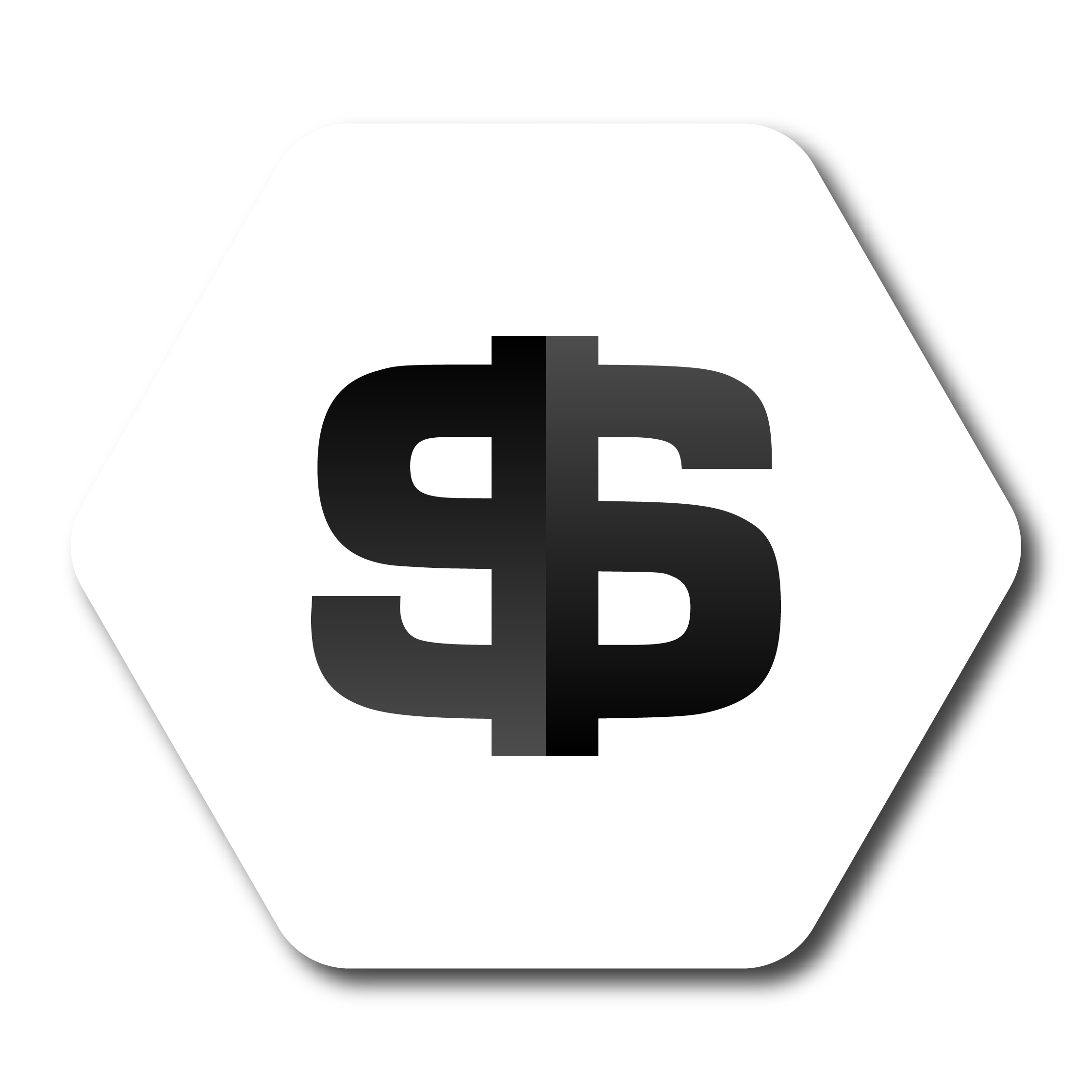 Black dollar sign inside a white hexagon with black background.