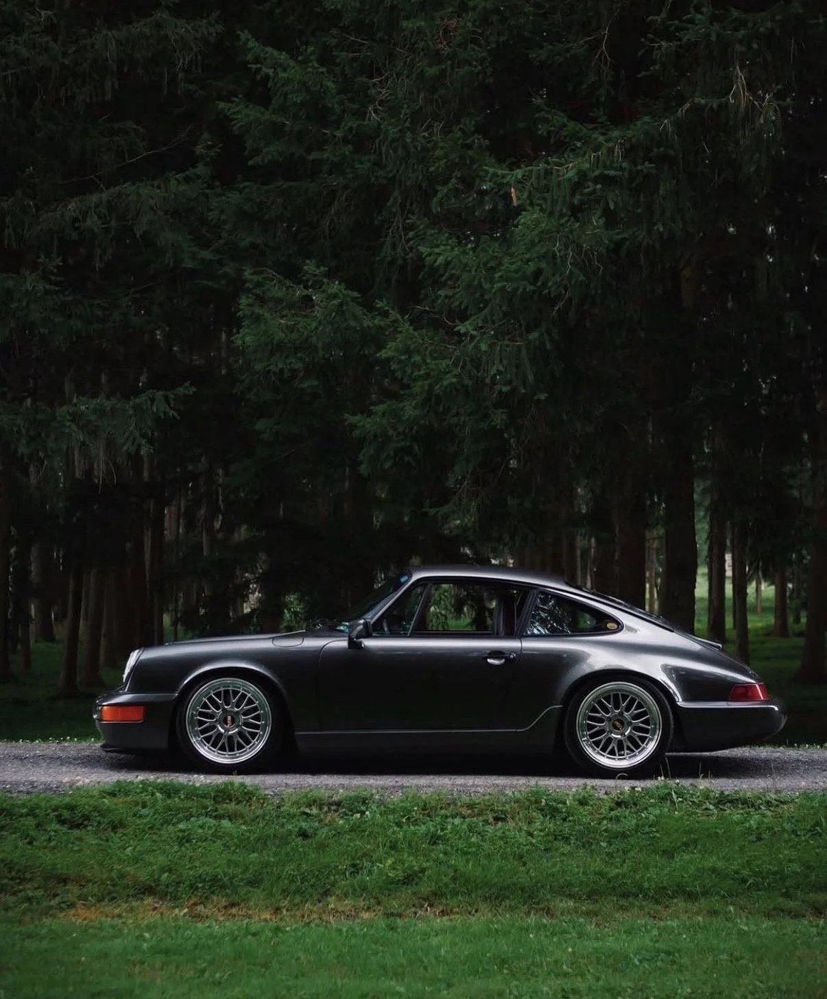 Schwarz lackierter Porsche 911 vor einem Nadelbaumwald