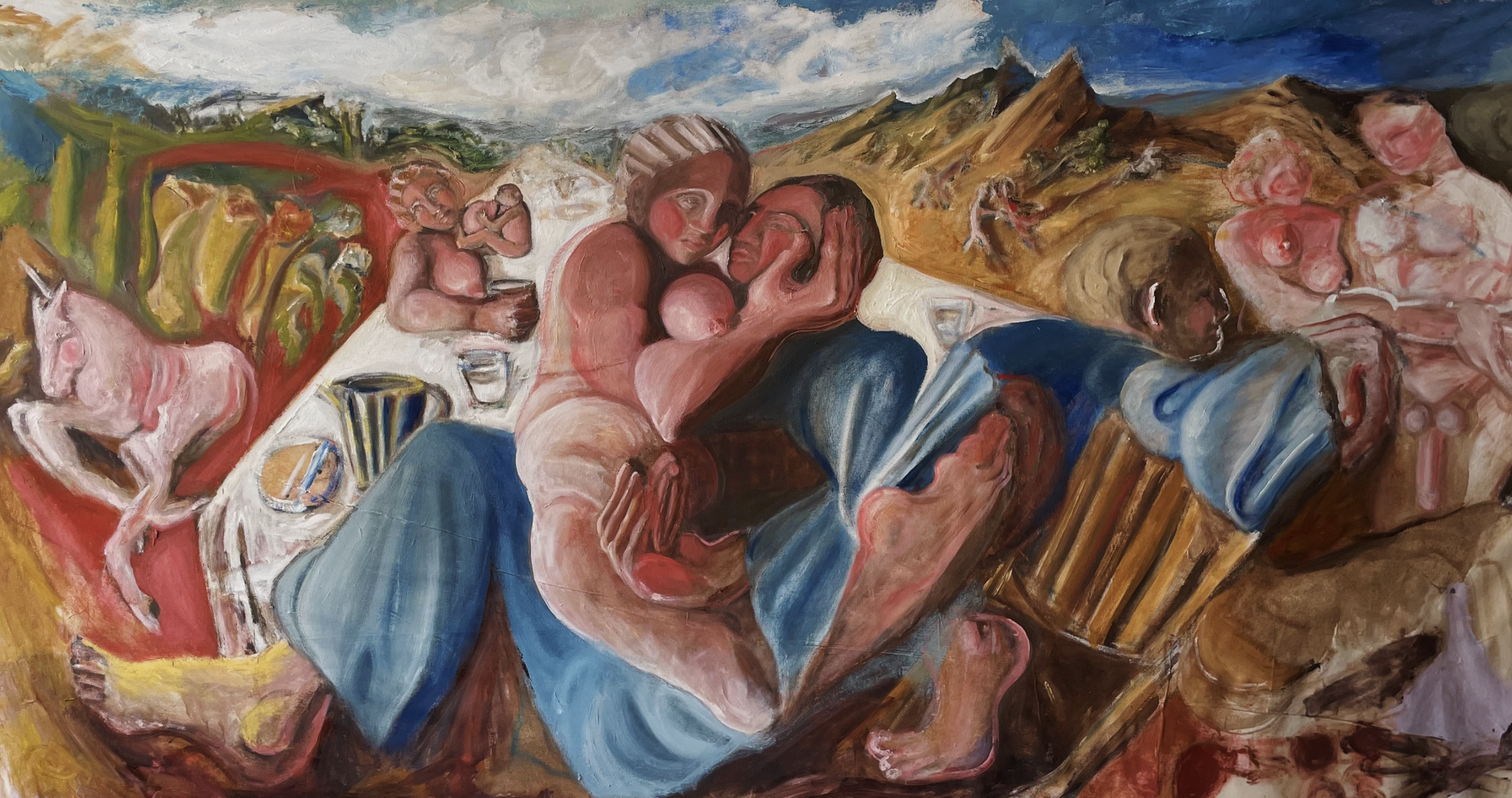 Kissy Table — First Dinner, 2024.
Oil on canvas, 52 × 100 inches