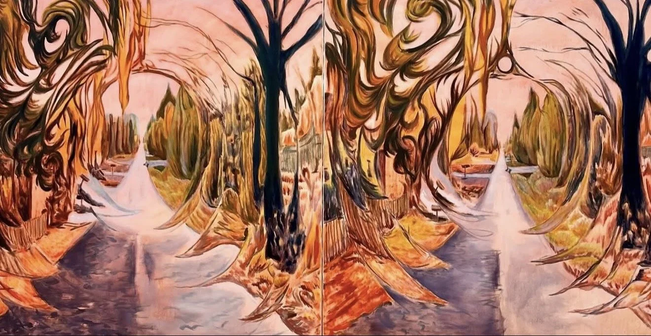Two Cowgill Aves, 2023. Oil on linen, 24 x 134 inches