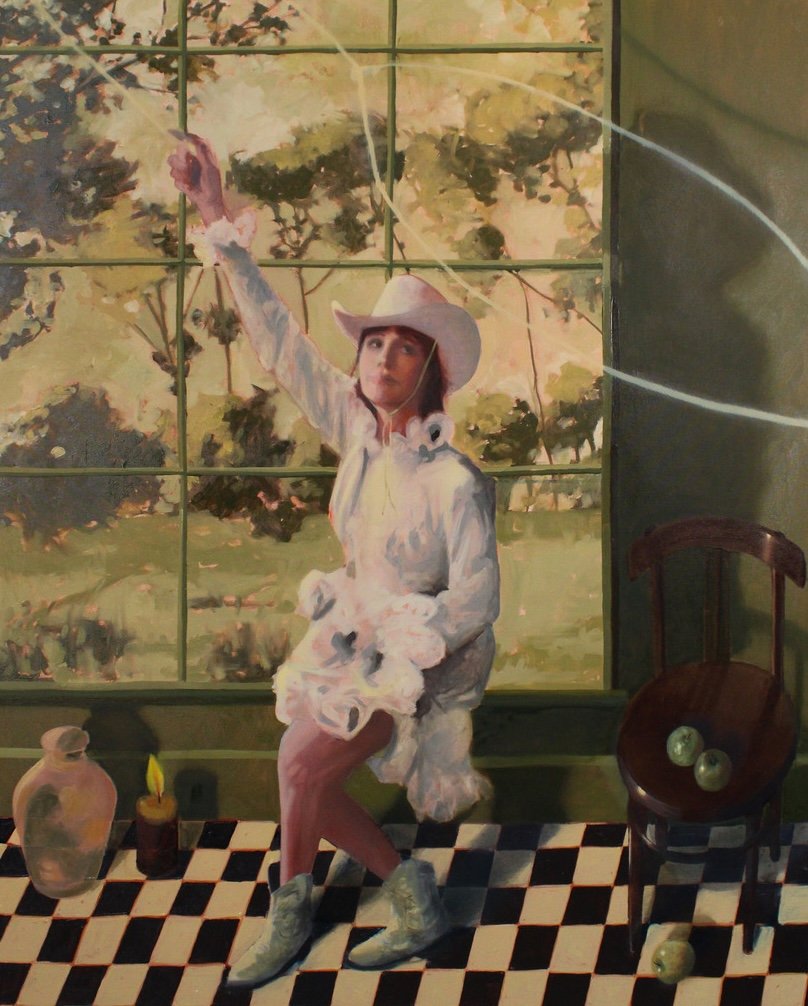 Three Apples, 2026. Oil on canvas, 40 ×  60 inches