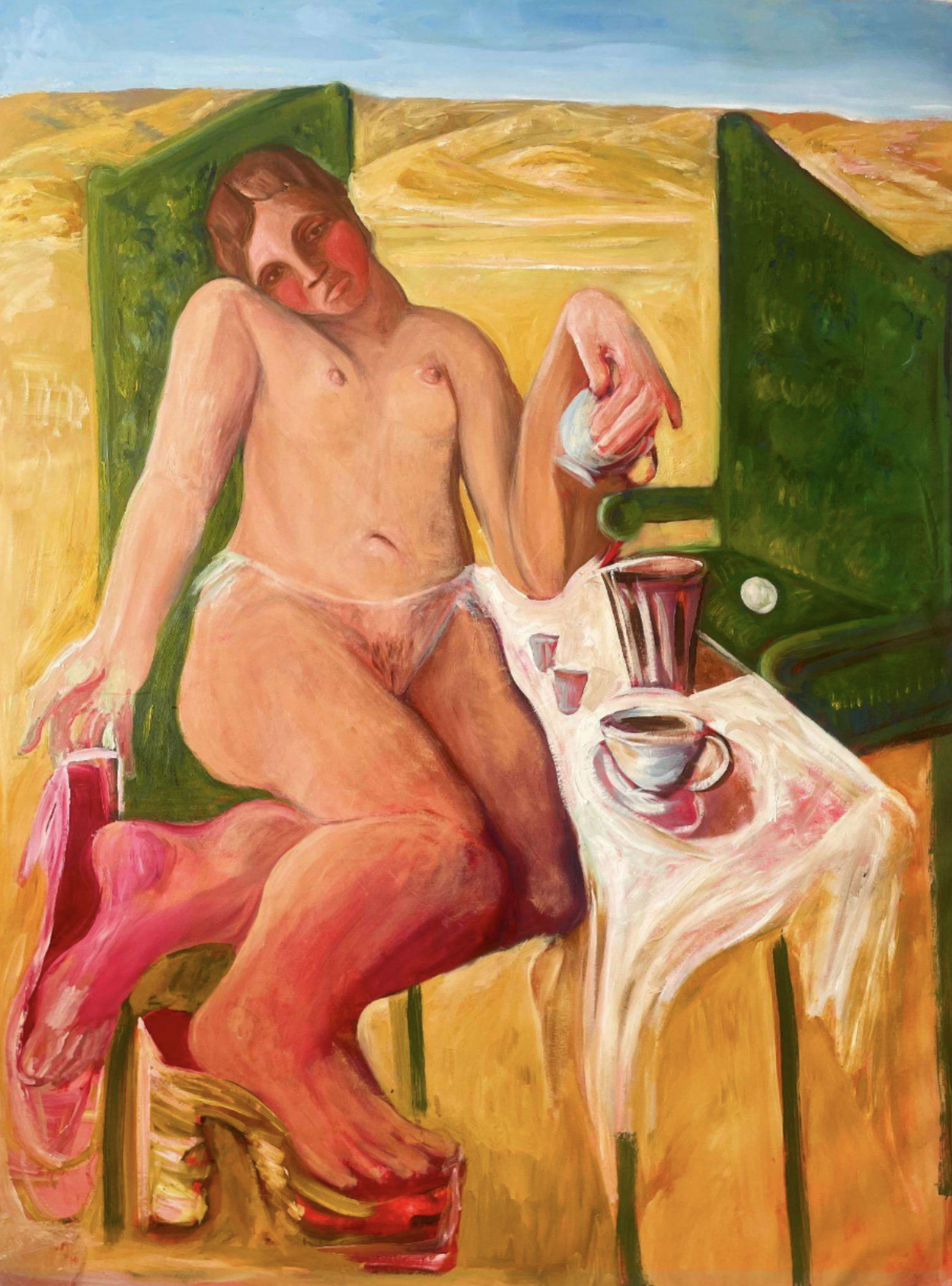 Coffee With the Dog Star, In Those Shoes You Didn’t Buy, 2025.
Oil on canvas,
55 × 68 inches
