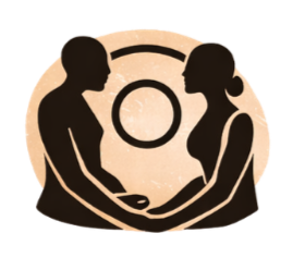 Silhouettes of a man and woman holding hands in front of a circular pattern