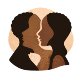 Silhouettes of three women facing each other against a beige background.