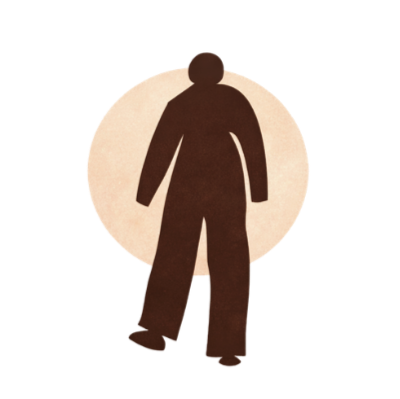 Silhouette of a standing person on a beige circular background.
