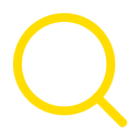 Magnifying glass icon with a yellow outline.