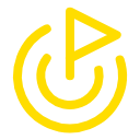 A yellow circular icon with a play button in the center and concentric circles around it.