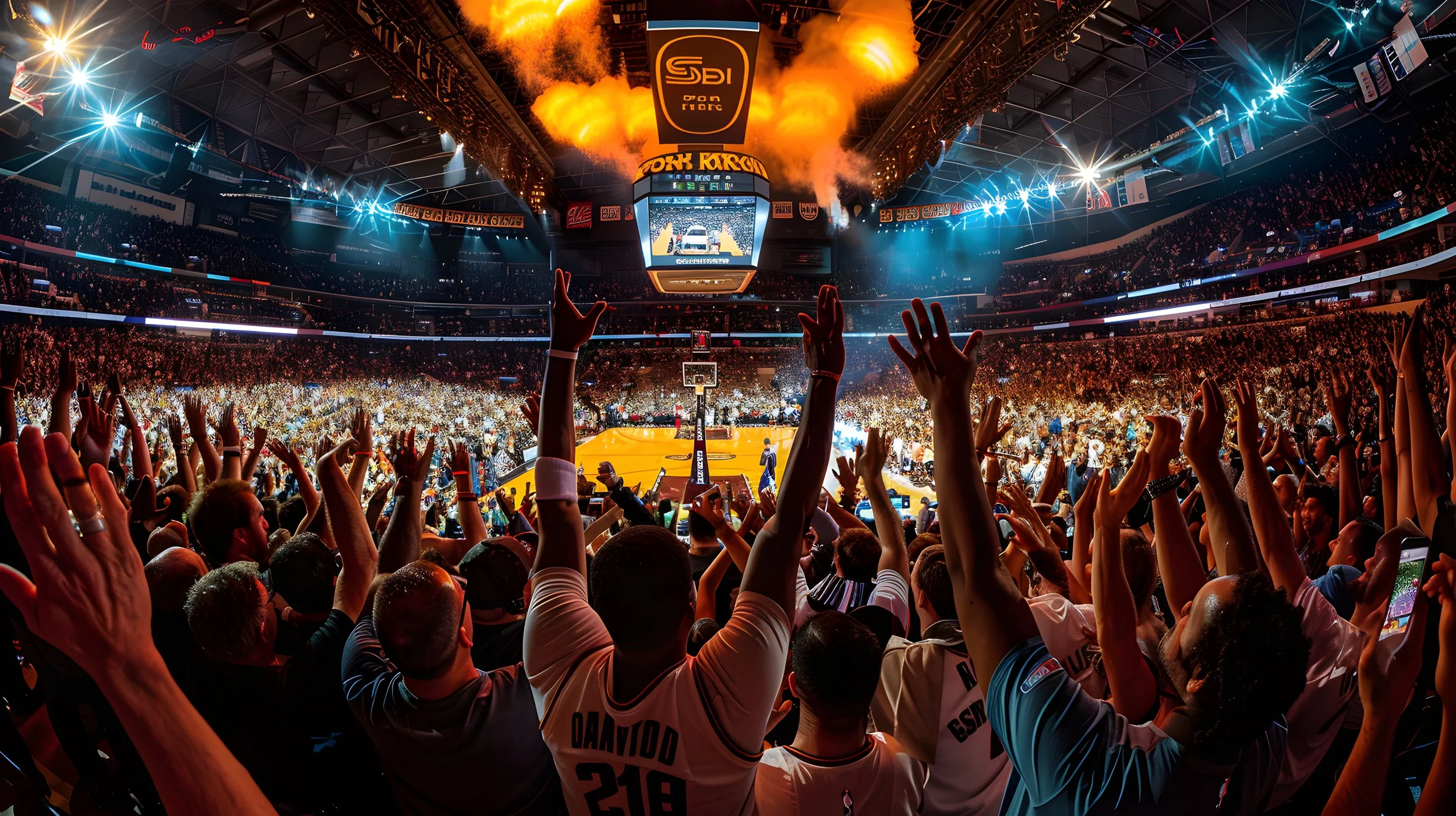 Crowd cheering in a basketball arena during a game with bright lights, screen, and smoke effects.