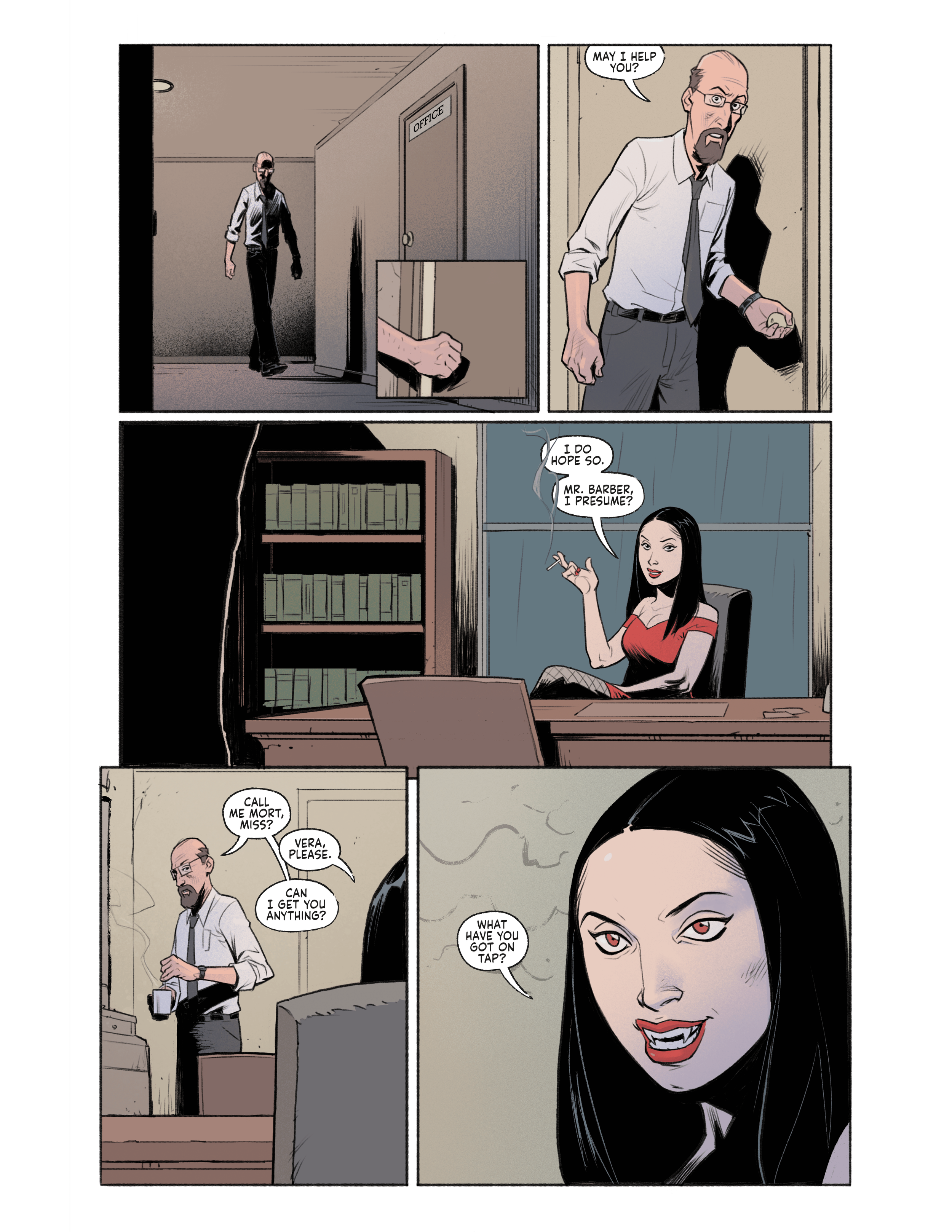 A preview page from the supernatural noir comic MORT: A Body Worth Burying. Mort, the mortician, enters his office to find a mysterious woman named Vera sitting at his desk and smoking. The final panel shows a close-up of Vera with a predatory smile,
