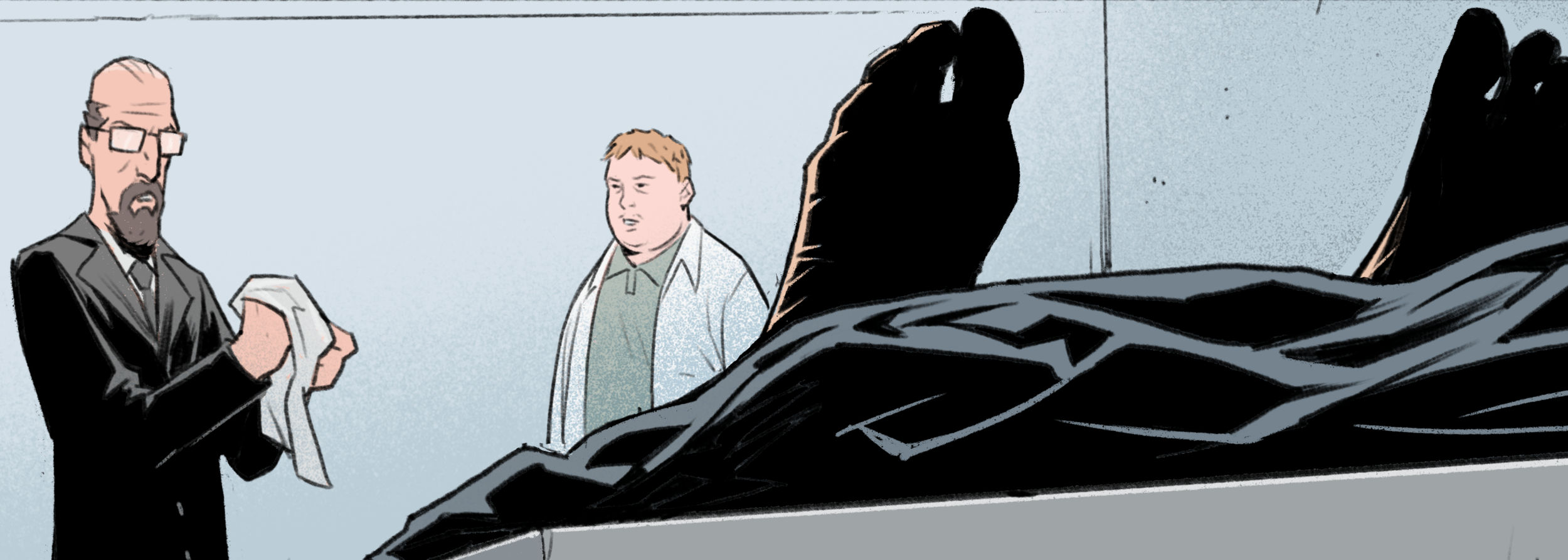 Comic art of Mort, the mortician-hunter, examining an obscured body on a morgue slab.