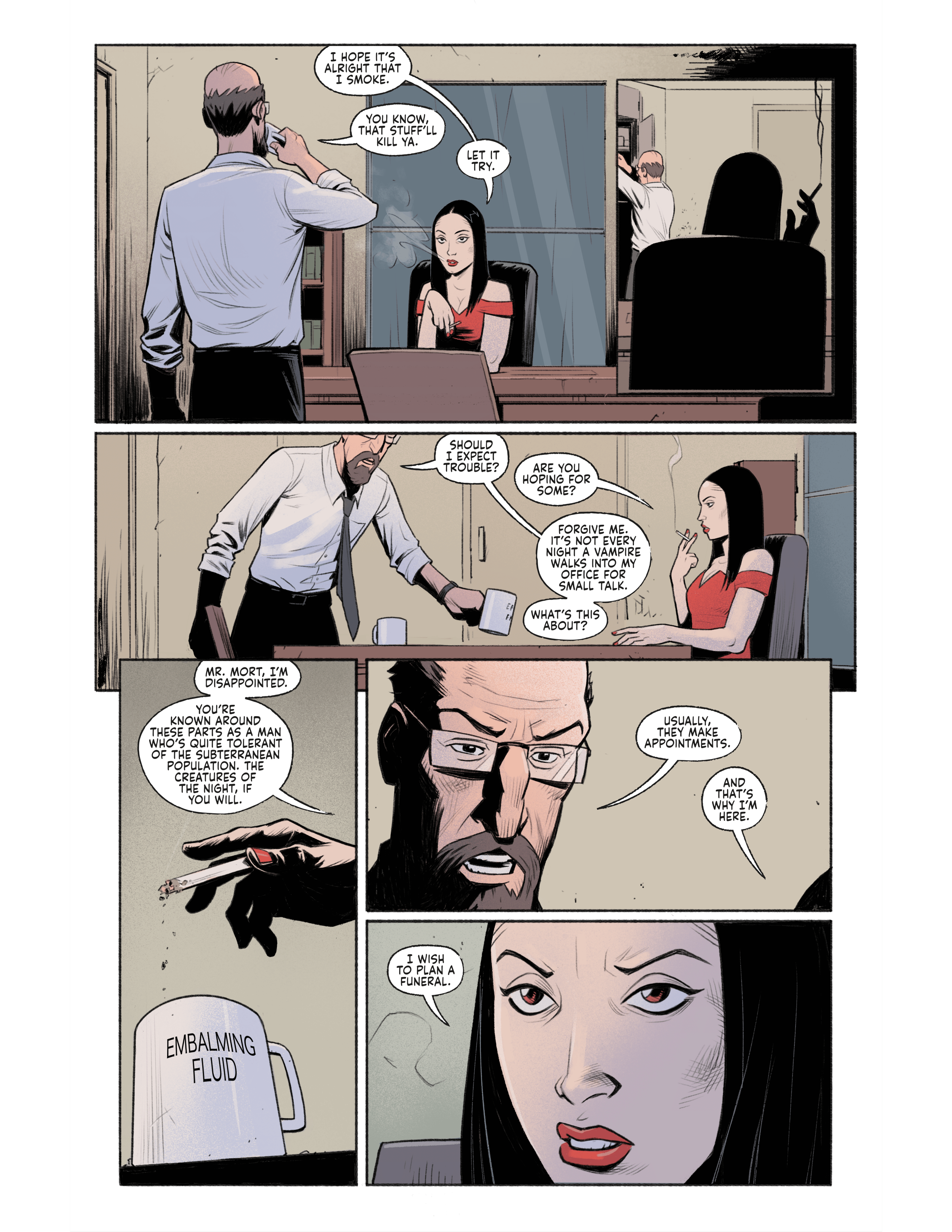A preview page from the supernatural noir comic MORT: A Body Worth Burying. In his office, Mort the mortician shares a tense conversation with Vera, a vampire smoking a cigarette. A close-up reveals Mort drinking from a mug labeled "Embalming Fluid" 