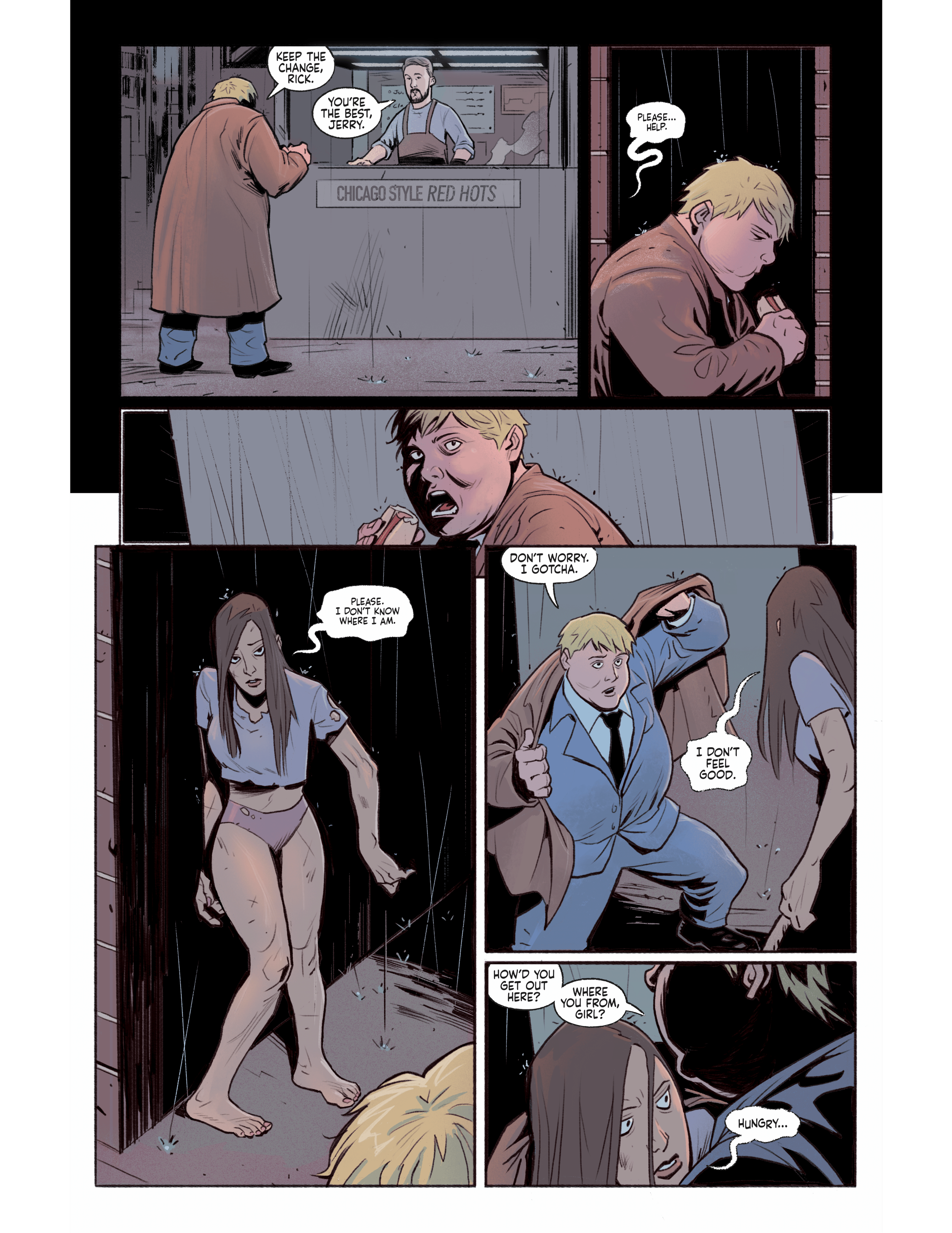 A preview page from the supernatural noir comic MORT: A Body Worth Burying. In a rainy Chicago alley, a man named Jerry leaves a hot dog stand to help a disheveled, dazed woman emerging from the shadows. The artwork features a moody, cinematic color 