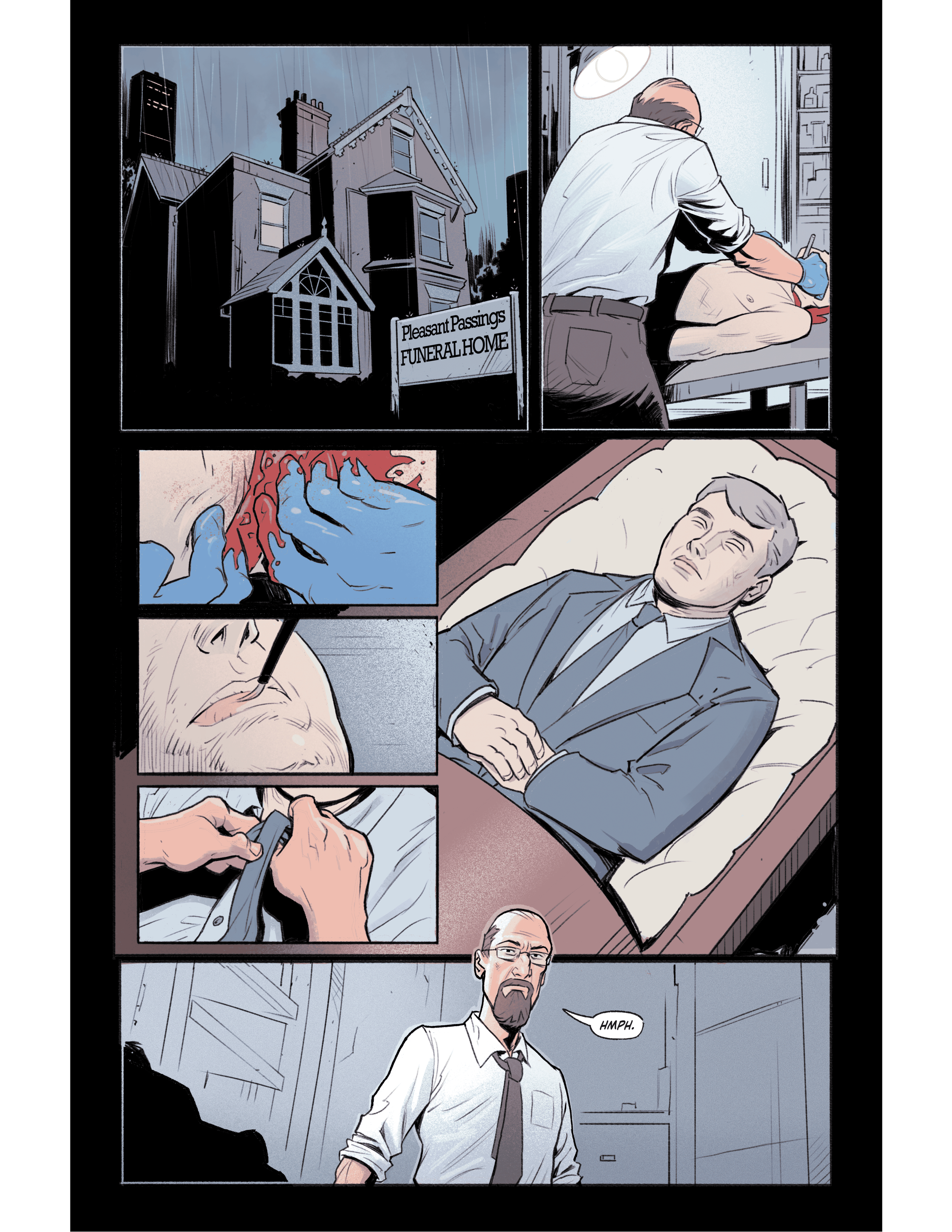 A preview page from the supernatural noir comic MORT: A Body Worth Burying. The scene shifts to "Pleasant Passings Funeral Home" at night. Panels show the meticulous, clinical process of a mortician preparing Jerry—the man from the earlier panels—for