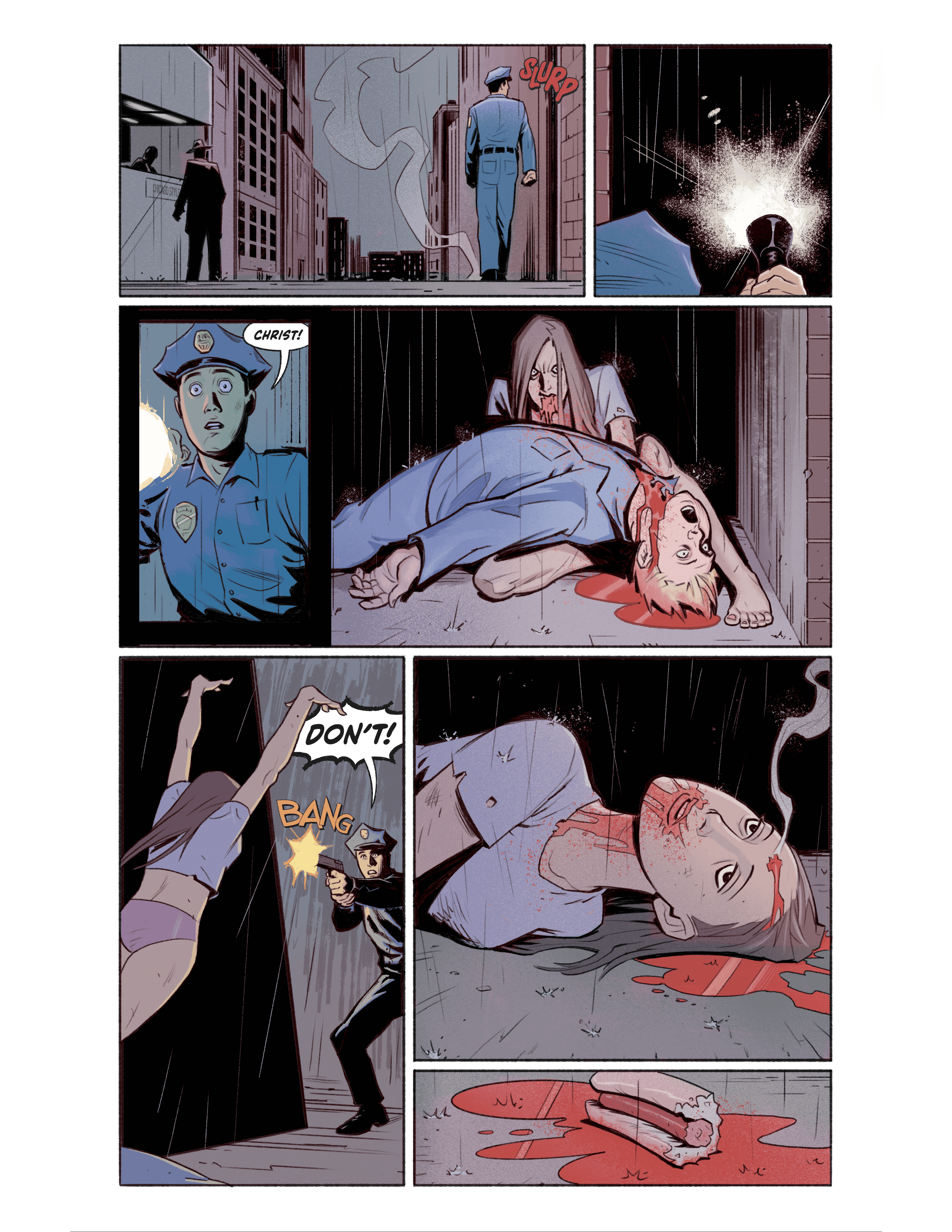 A dramatic second page from the supernatural noir comic MORT: A Body Worth Burying. A police officer discovers a woman hunched over a body in a dark alley. The scene escalates quickly as the officer fires his weapon, leaving the woman lying in the ra
