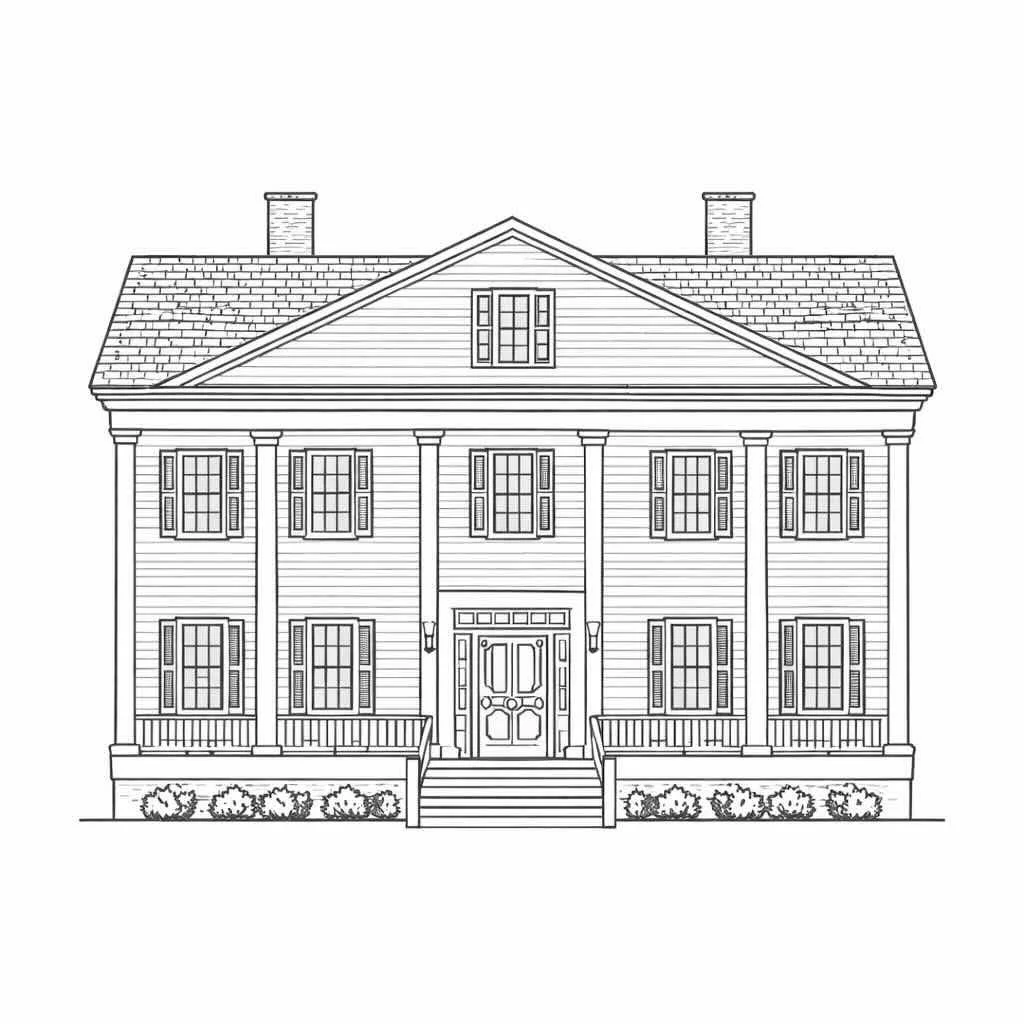 A black and white line drawing of a two-story house with a front porch, columns, multiple windows with shutters, a pitched roof, two chimneys, and stairs leading to the front door, with bushes along the base.
