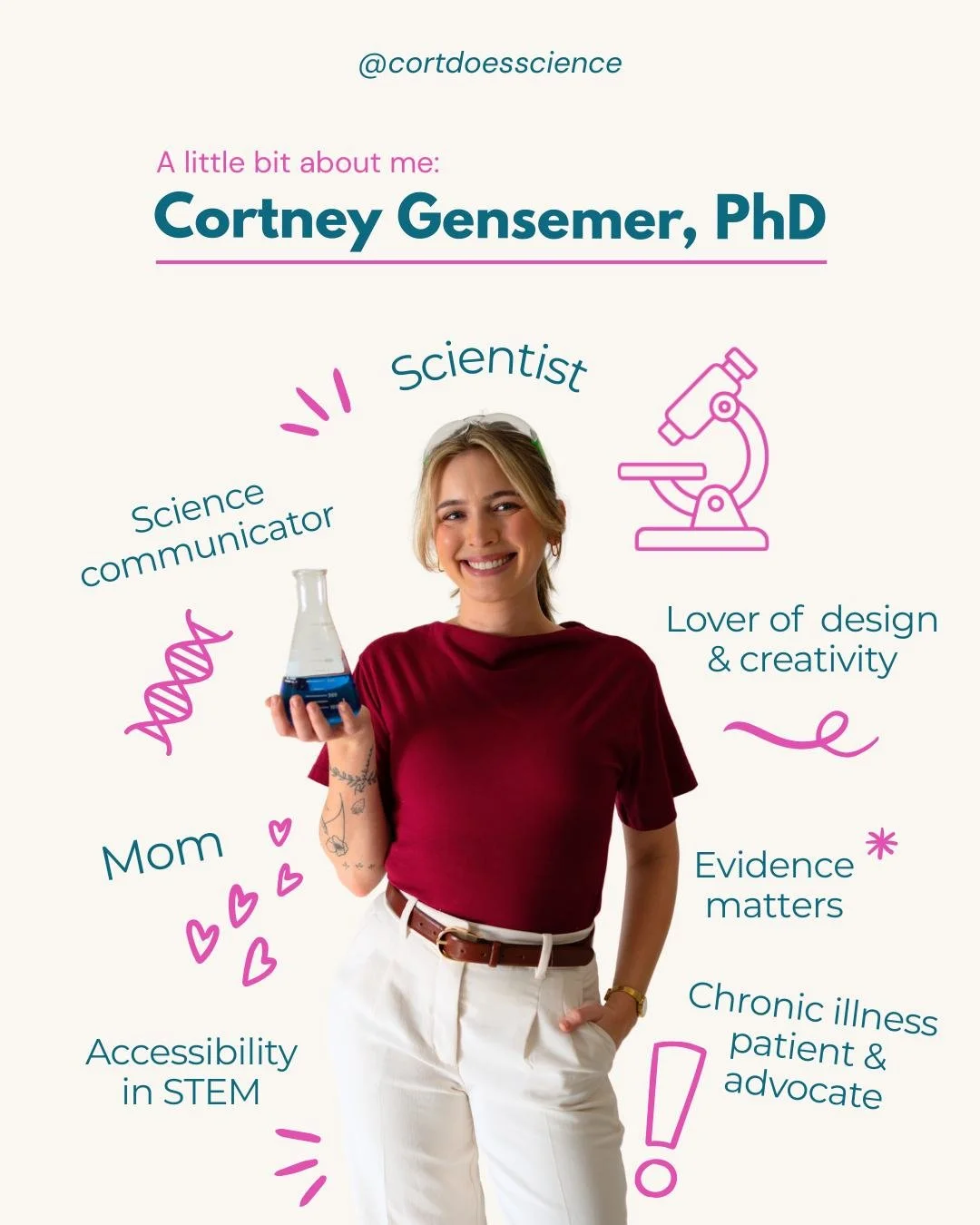 Re-introducing myself 👋 Hi, I&rsquo;m Cortney (AKA Cort Does Science!)
Scientist, science communicator, chronic illness patient, advocate, mom and more!

I share evidence-based information and research breakdowns focused on conditions like Ehlers-Da