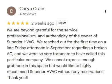 positive online review by Caryn Crain praising Superior HVAC for professional service.