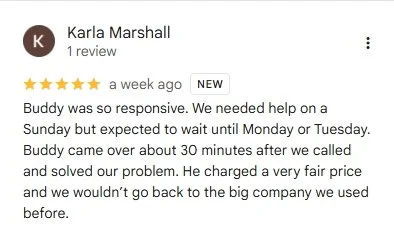 Online review from Karla Marshall praising Buddy for responsive and timely service, mentioning a Sunday issue resolved quickly and fairly. Superior HVAC