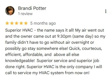 five-star review by Brandi Potter praising Superior HVAC for excellent service and knowledge.