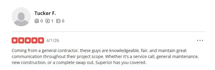 Superior HVAC 5-star Yelp Review