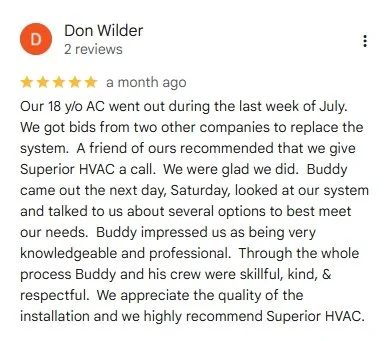 5 star review for Superior HVAC by Don Wilder praising the service and installation.
