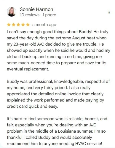 5 star review praising Superior HVAC owner Buddy for his professionalism, knowledge, and honesty during a service repair.